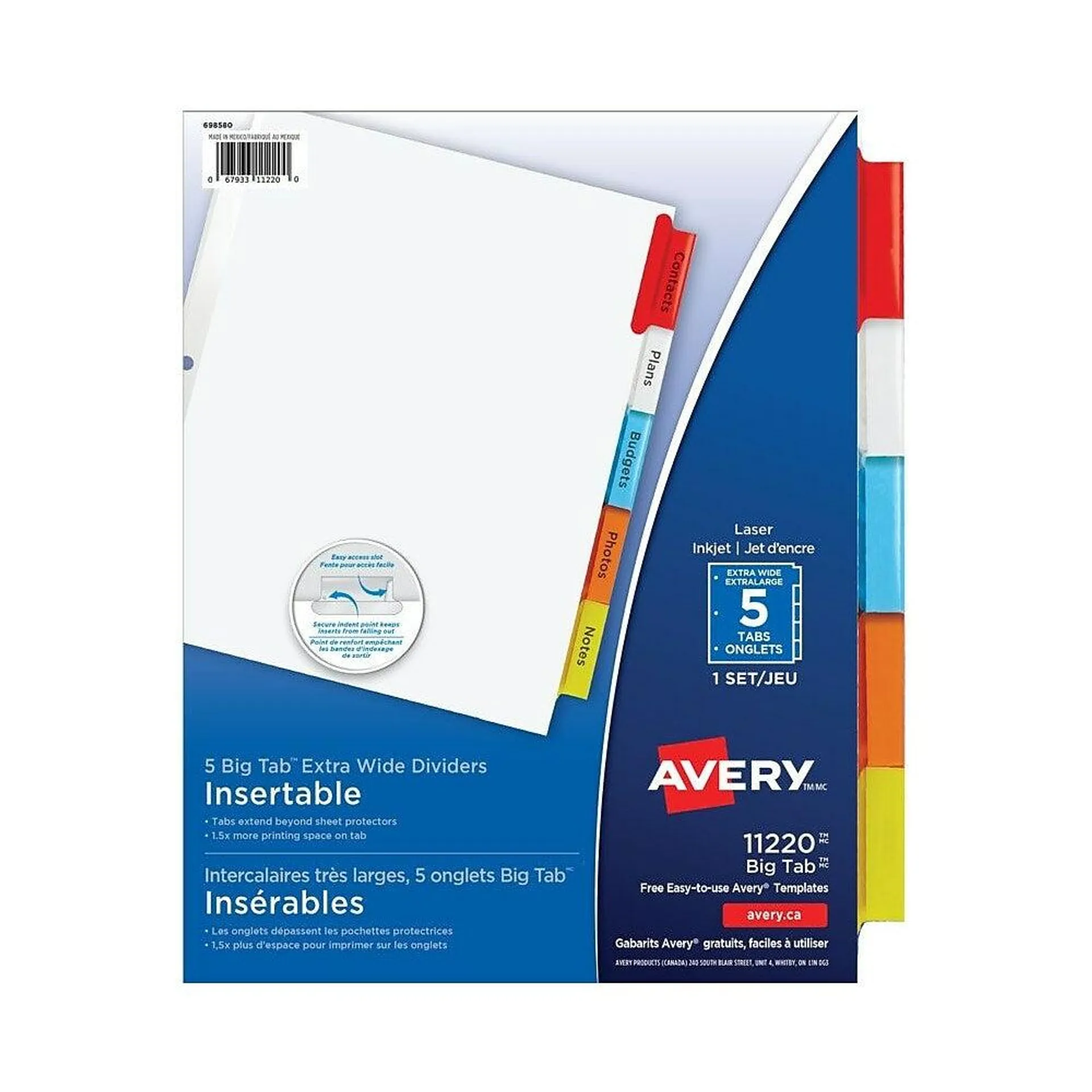 Avery® – Intercalaires très larges Big Tab™insérables pour jet d'encre et laser, 9 x 11 po - 5 onglets - paq./1 - multicolore