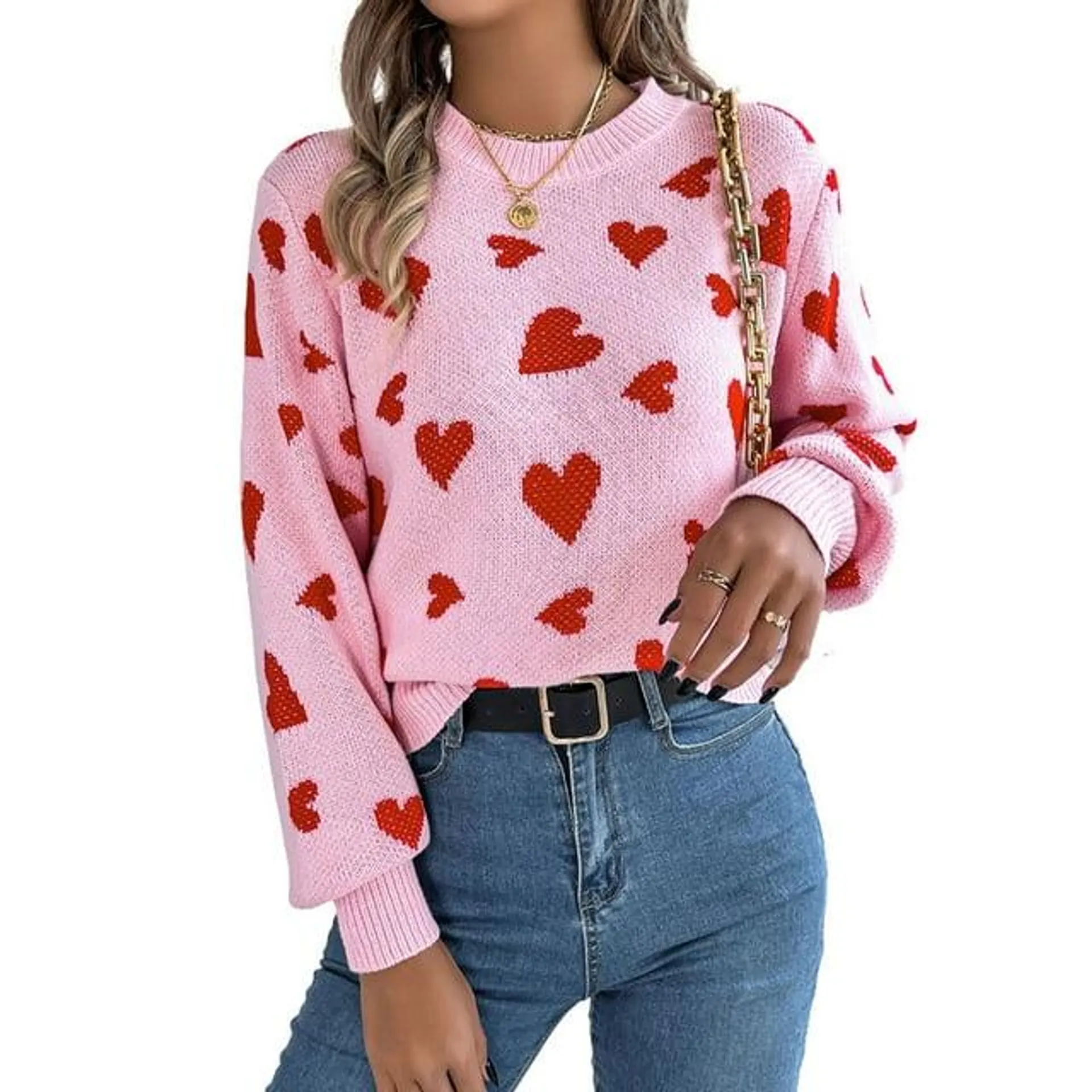 Heart Sweaters for Women Valentine's Day Casual Loose Lightweight Crewneck Sweater Lantern Sleeve Pullover Tops Shermie