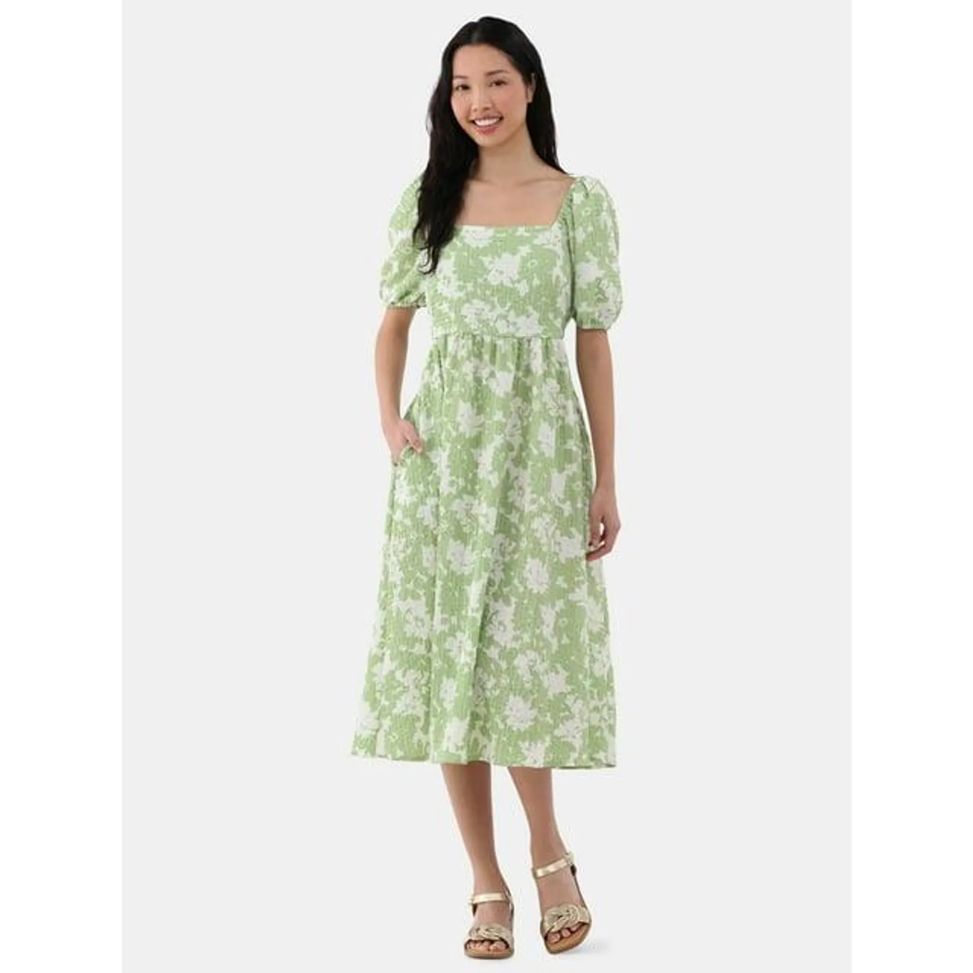 Time and Tru Women's and Women's Plus Back Tie Midi Dress with Puff Sleeves, Sizes XS-4X