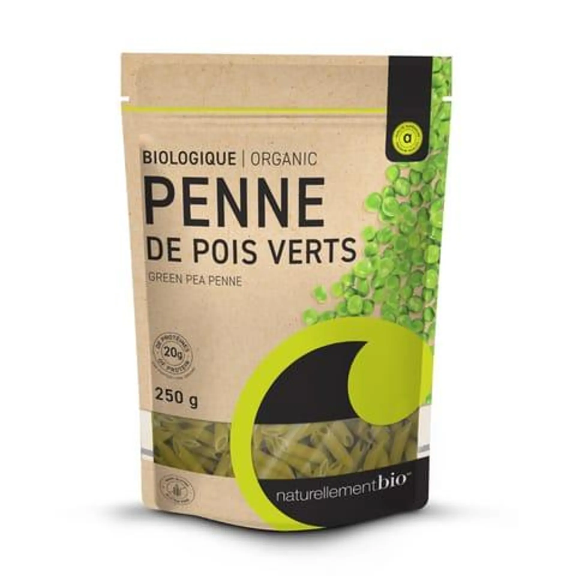 Pâtes penne de pois verts biologiques