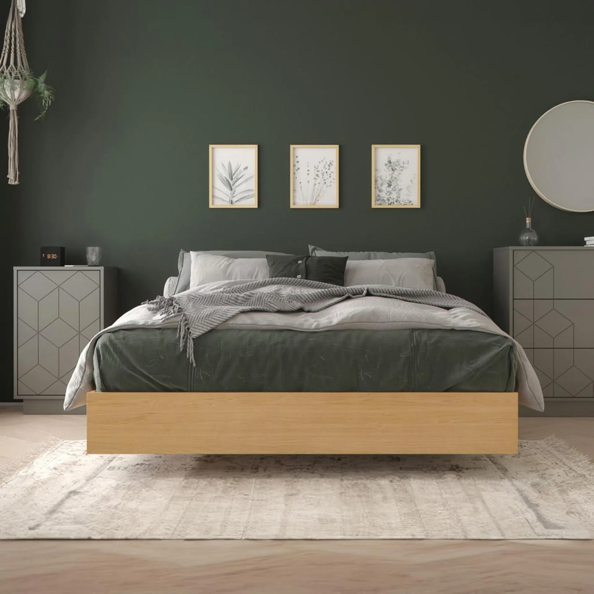 Mobilier de chambre à coucher double 2 pièces Bilou, Érable Naturel et Greige