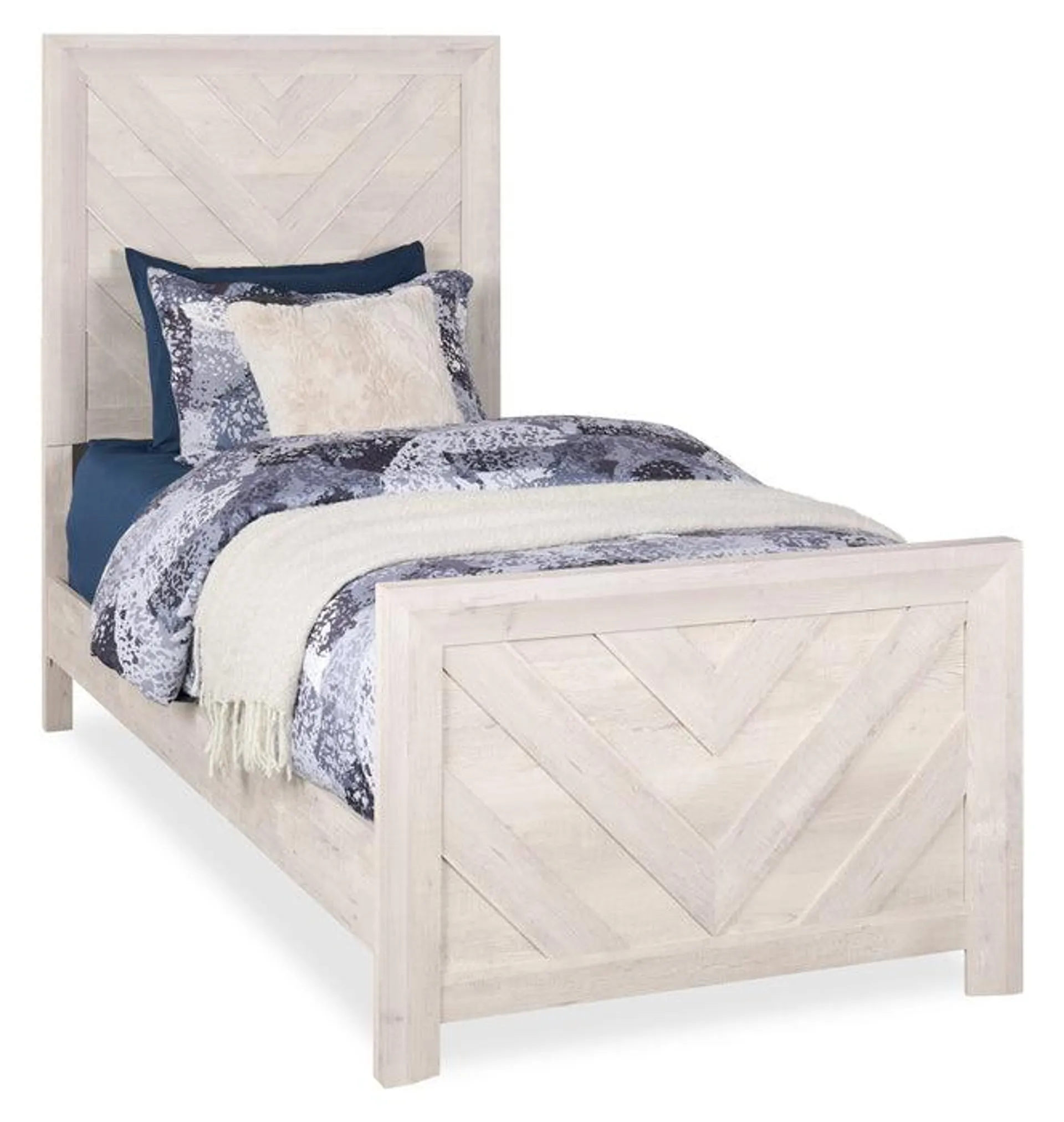 Lit à panneaux Lark blanc rustique pour enfants avec tête de lit, cadre et motif de chevrons - format lit simple