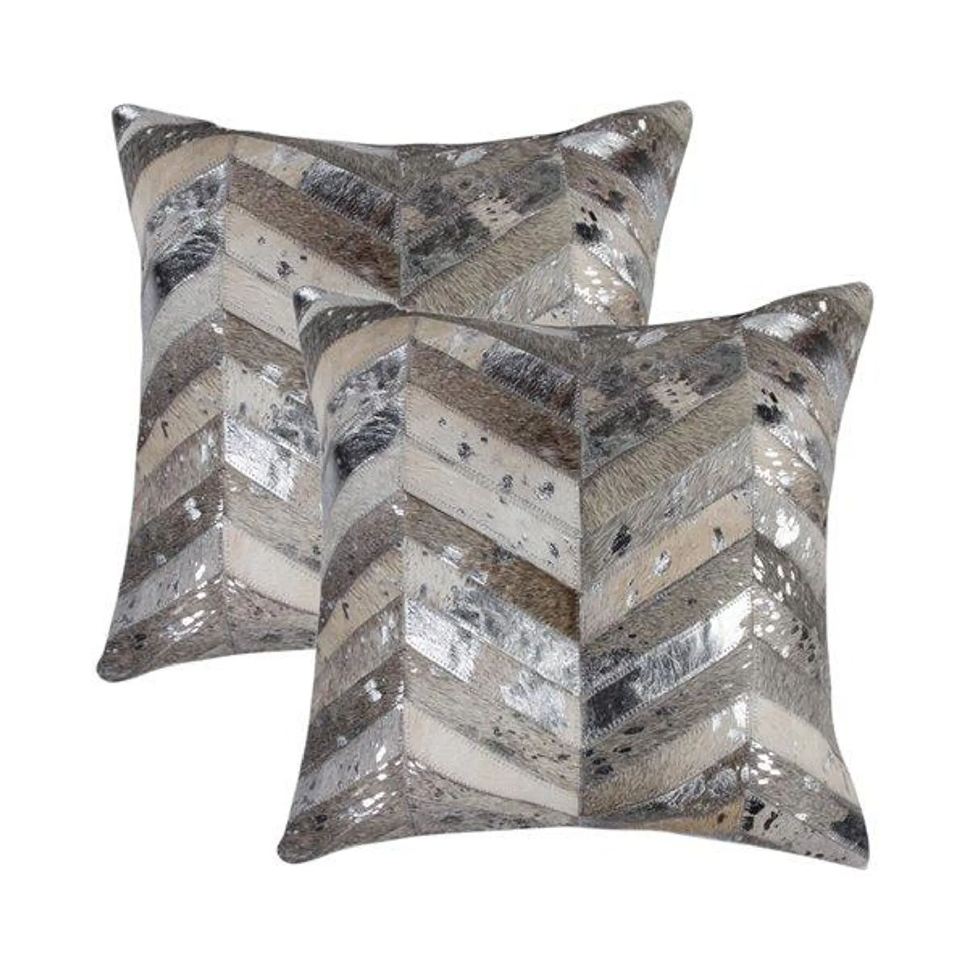 Oreillers carrés en peau de vache Torino Chevron de Natural de Lifestyle, 18 po x 18 po, gris/argent, 2 mcx