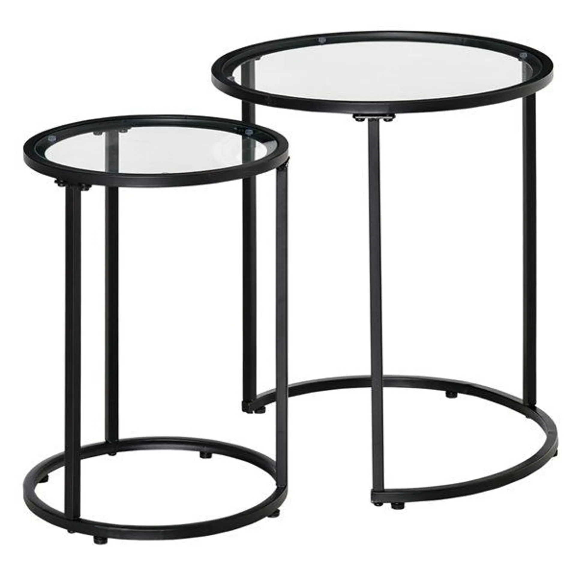 HomCom Tempered Glass Tabletop and Black Metal Frame Nesting Accent Table Set - Set of 2