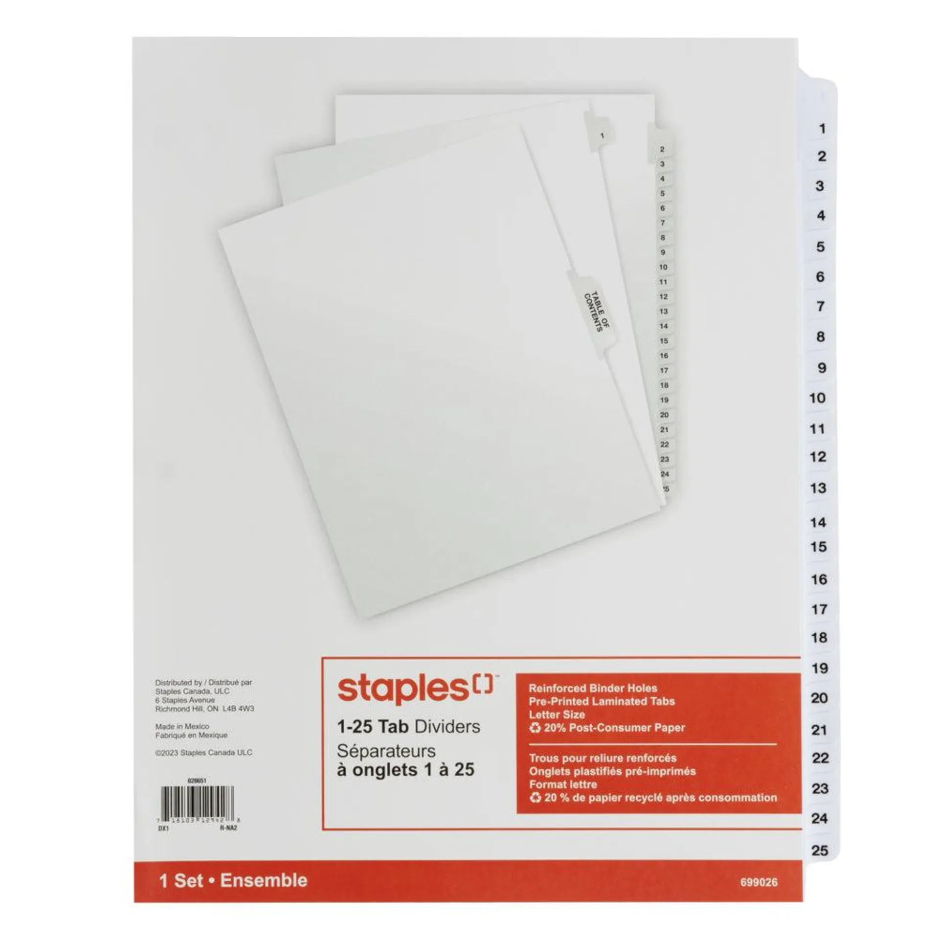 Staples - Intercalaires à onglets préimprimés et troués, 1-25 - 25 onglets - paq./1 - blanc