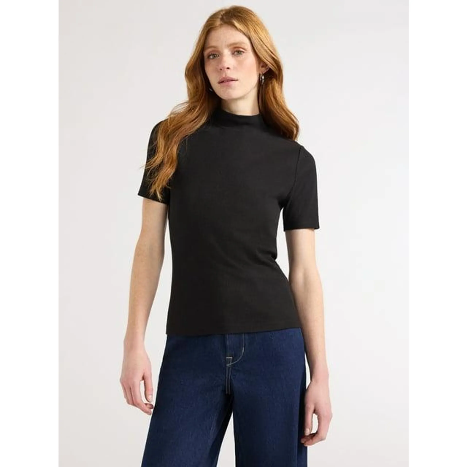 Free Assembly Women's Ribbed Mock Neck Top with Short Sleeves, Sizes XS-XXL