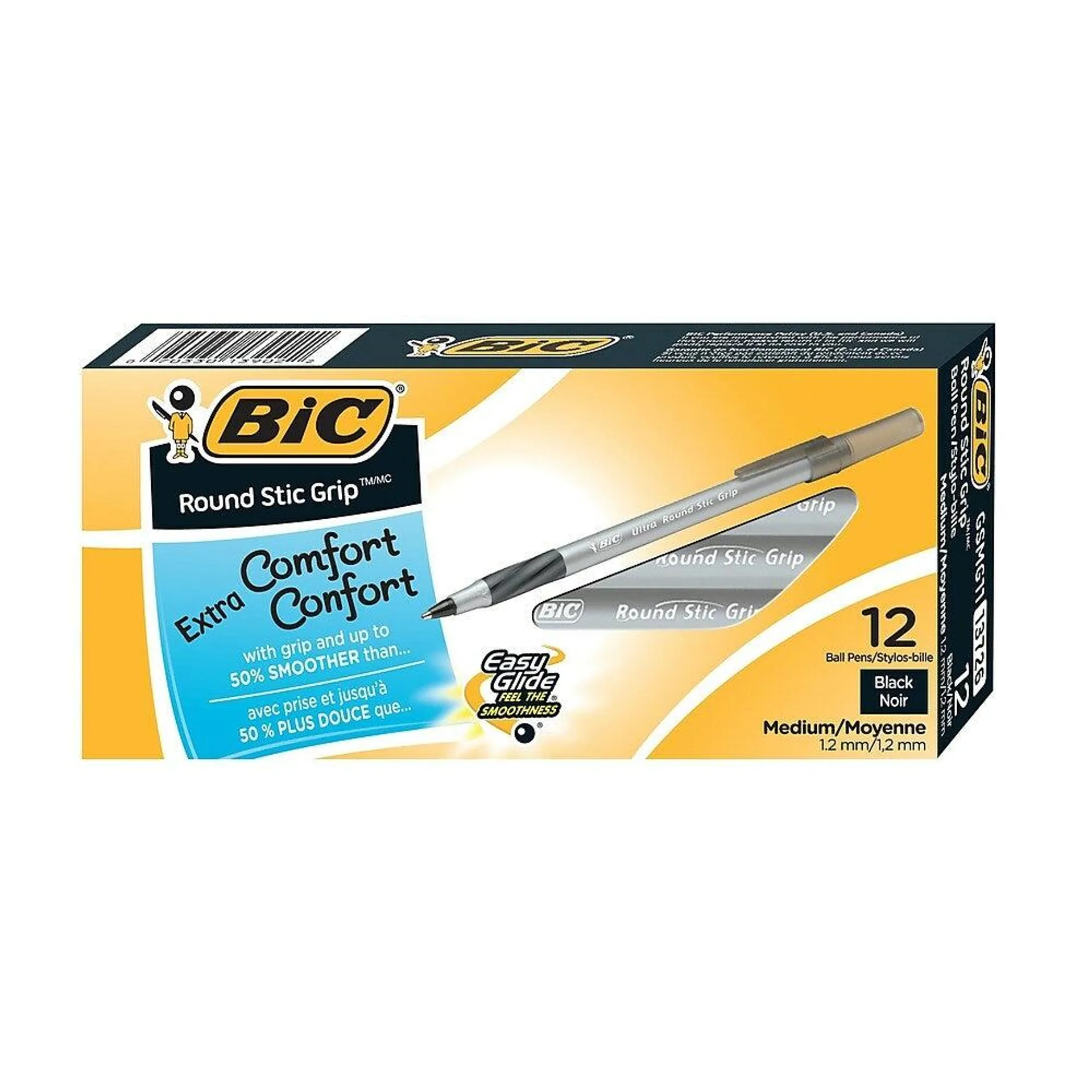 BIC - Stylos à bille Stic Grip ronds - 1,2 mm - noir - Paquet de 12