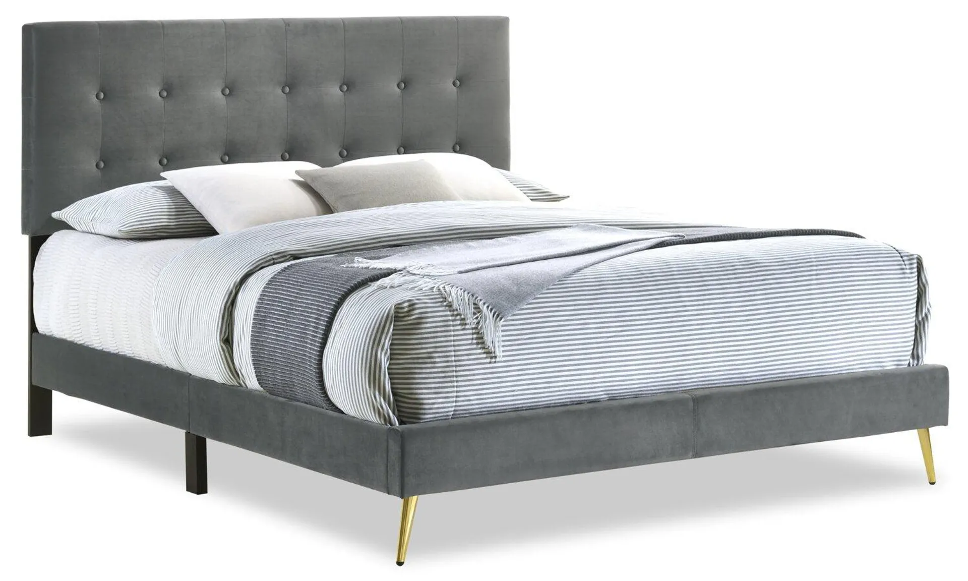 Lit rembourré Gabi en tissu de velours anthracite avec pattes au fini doré et capitonnage à boutons - format très grand lit