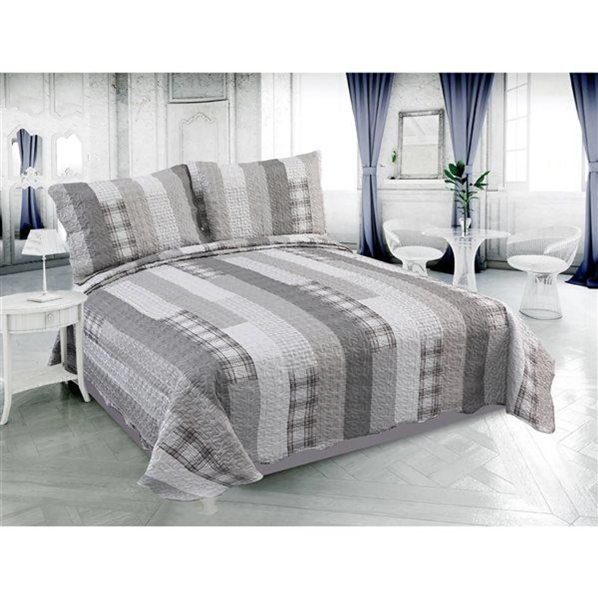 Ensemble de courtepointe géométrique Marina Decoration taupe, gris, argent et blanc pour grand lit et lit double, 3 mcx