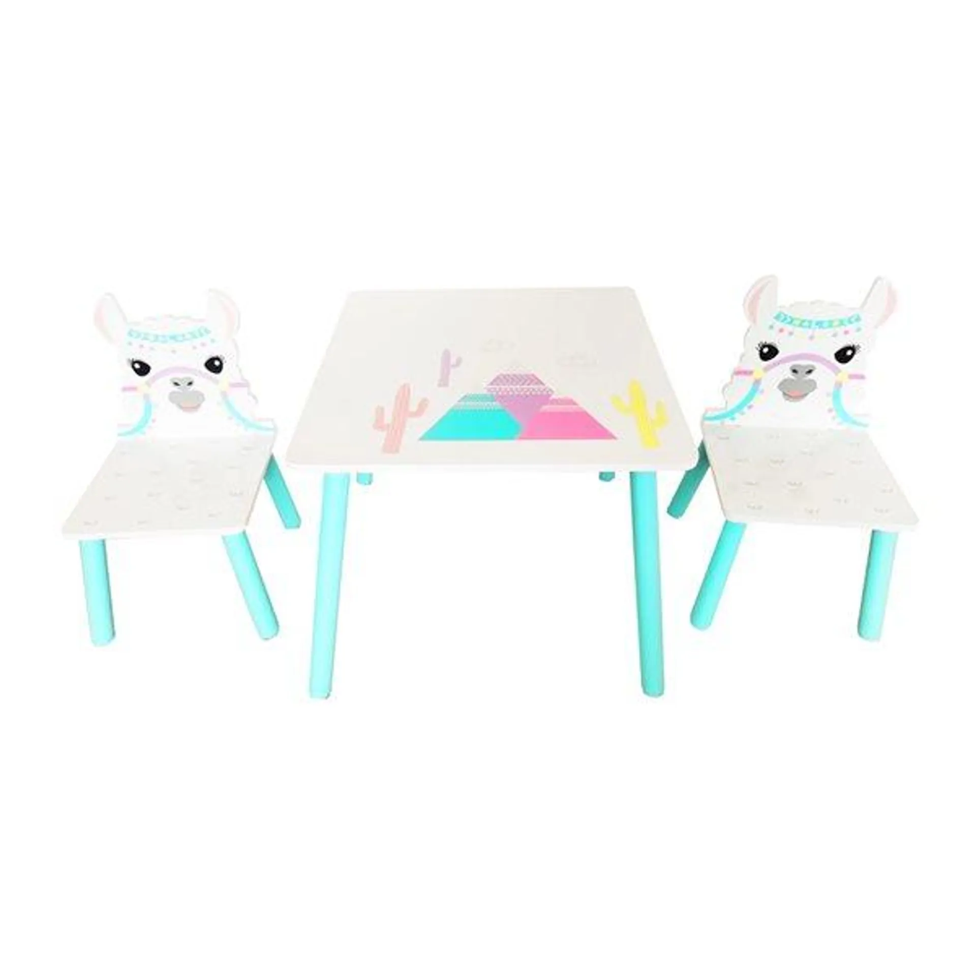 Table de jeu carrée pour enfants Lama par Danawares avec 2 chaises, blanc