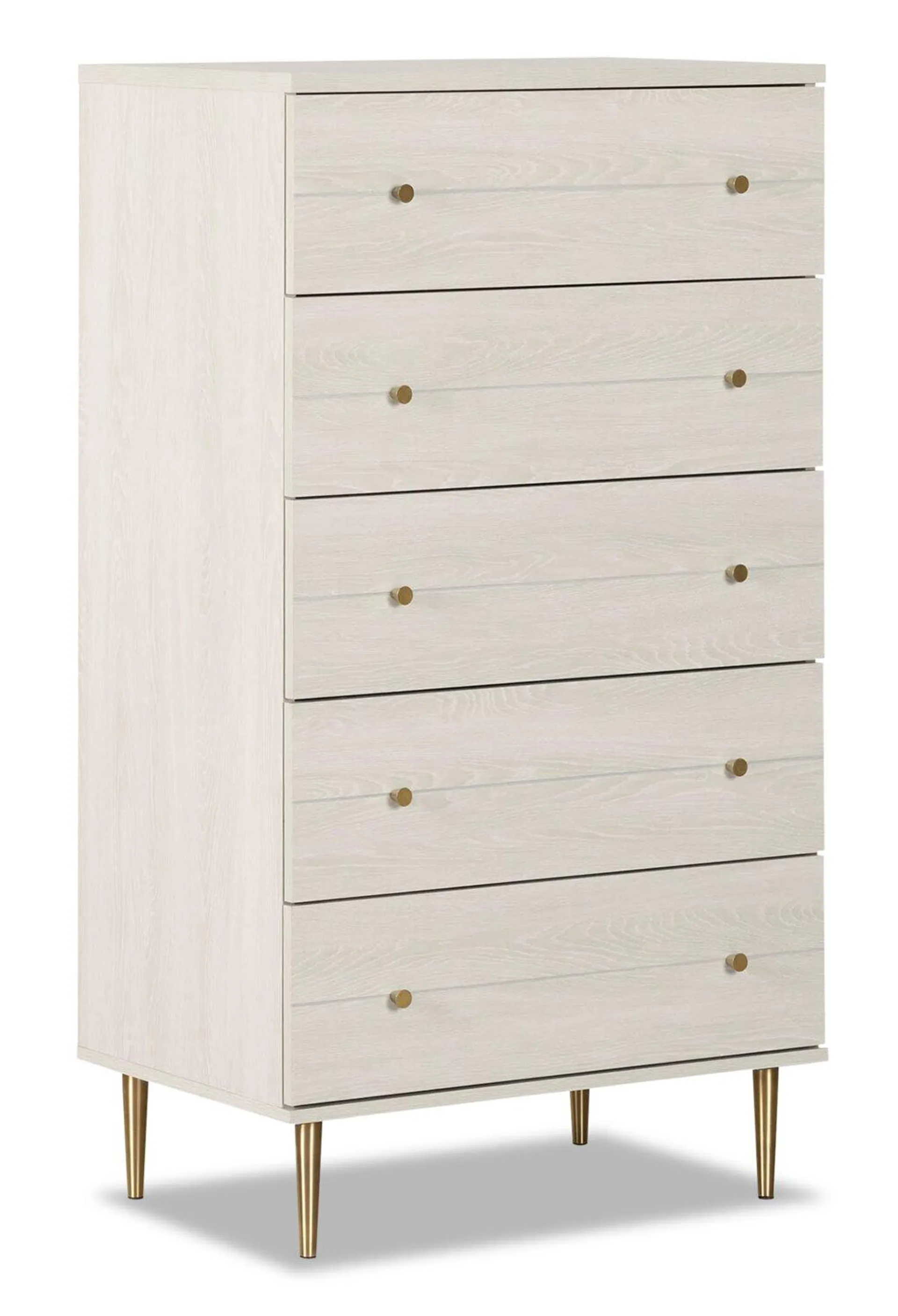 Commode verticale somptueuse Lake de 29 po (L) x 52 po (H) à 5 tiroirs pour la chambre à coucher, fabriquée au Canada - blanche