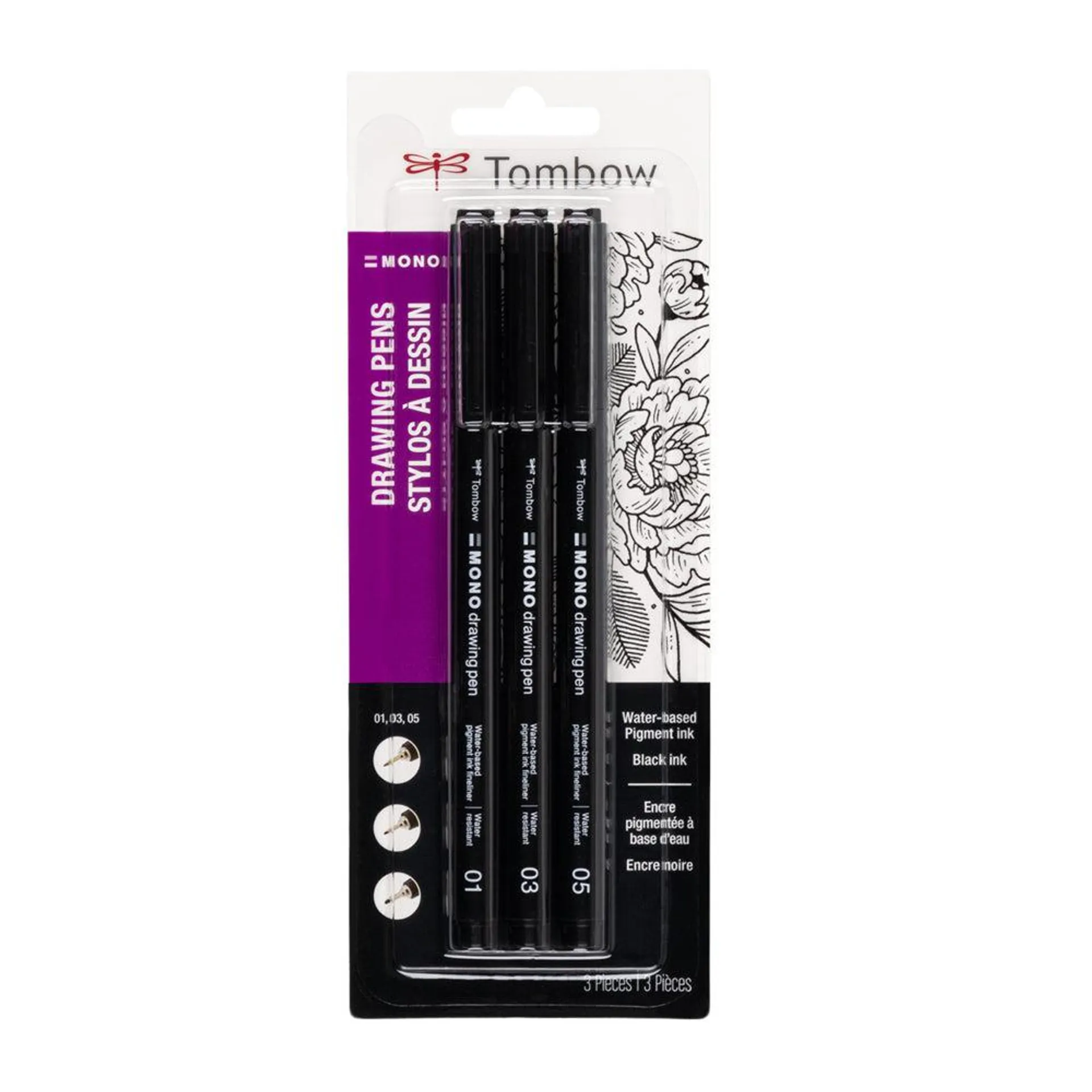 Tombow - Stylos pour le dessin, encre noire, paq./3