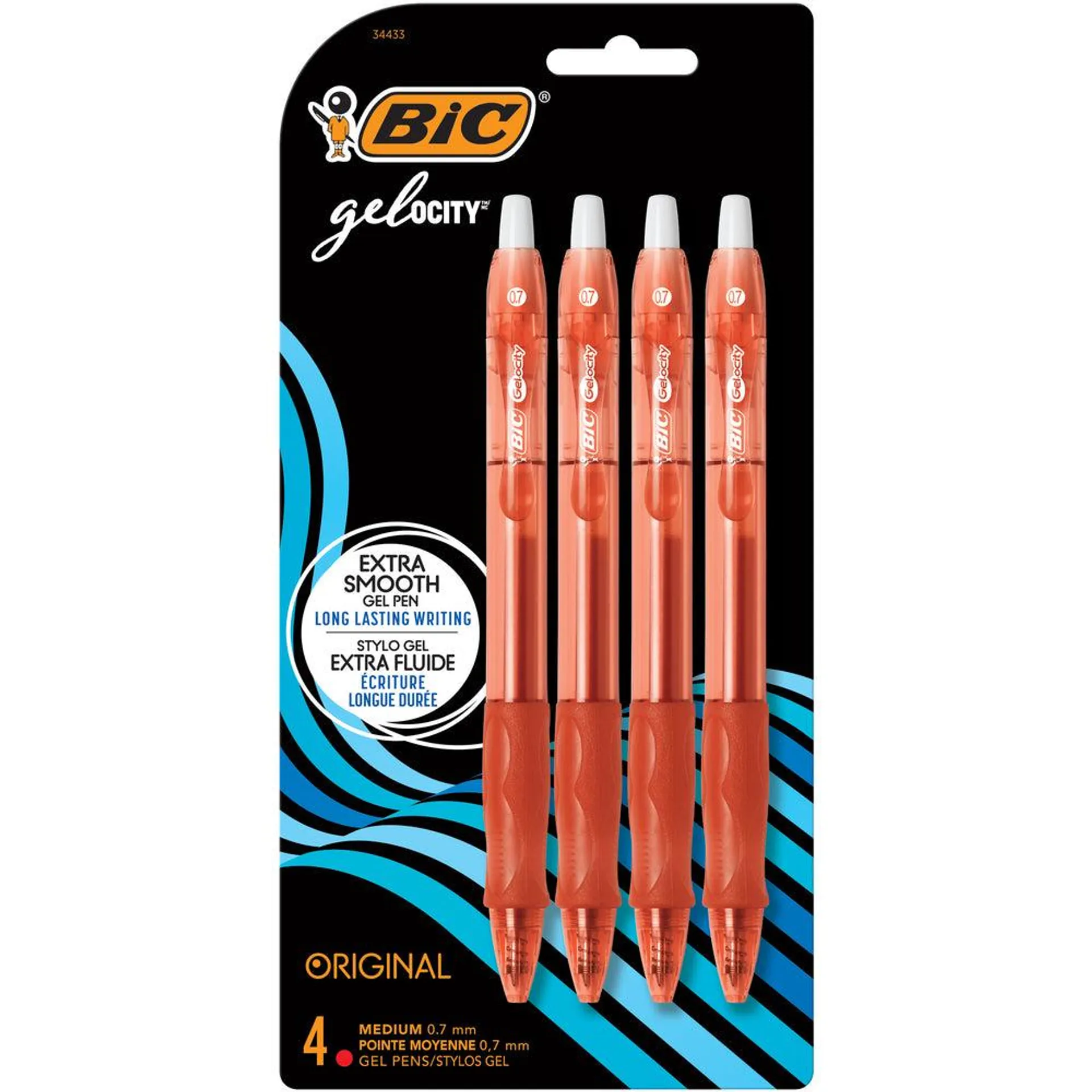 BIC - Stylos Gelocity à encre gel à pointe rétractable - 0,7 mm - rouge - Paquet de 4