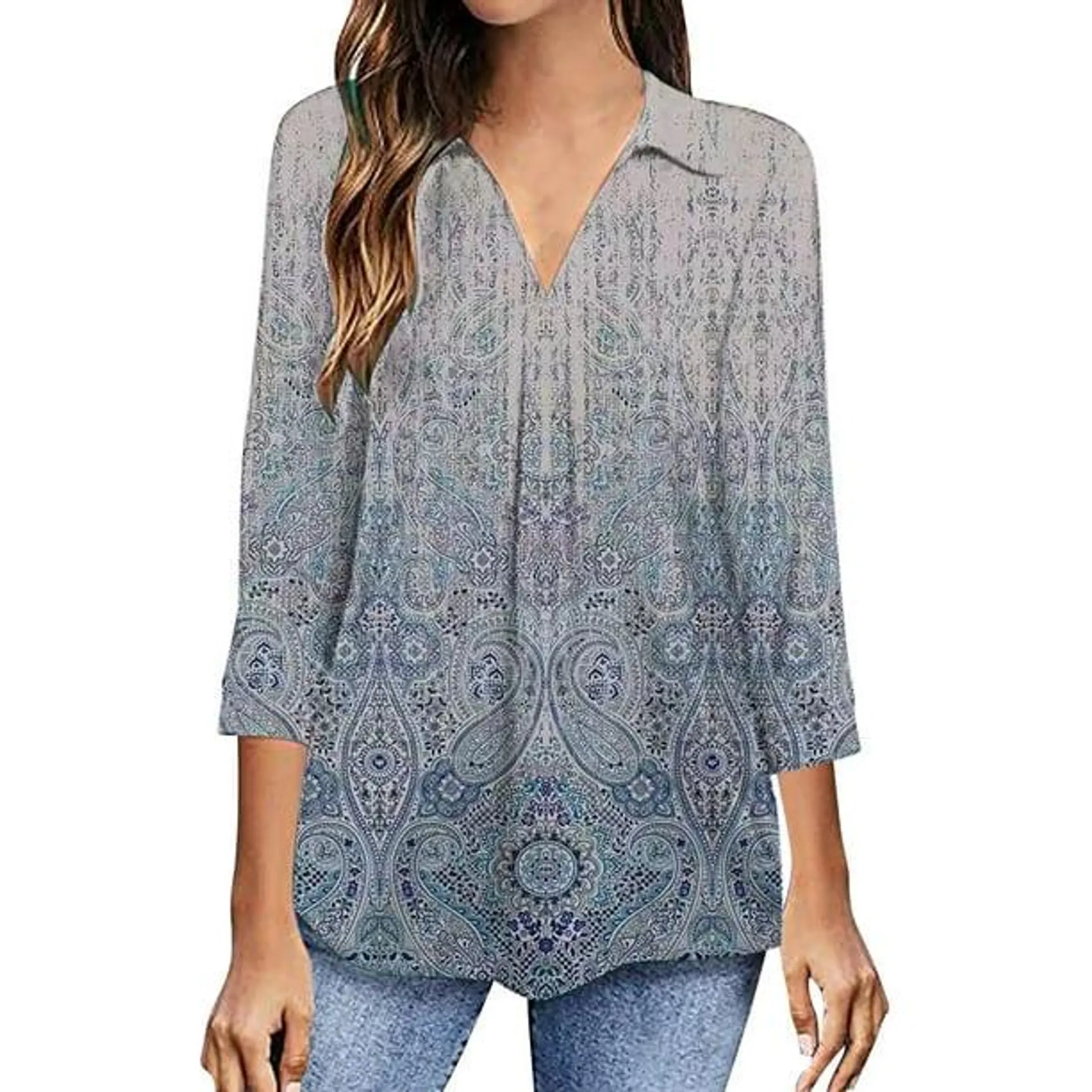 RKSTN Femmes Casual Boho Floral Print V Cou Long Sleeve Automne Floral Impression Tops Chemisiers Lâches Chemises