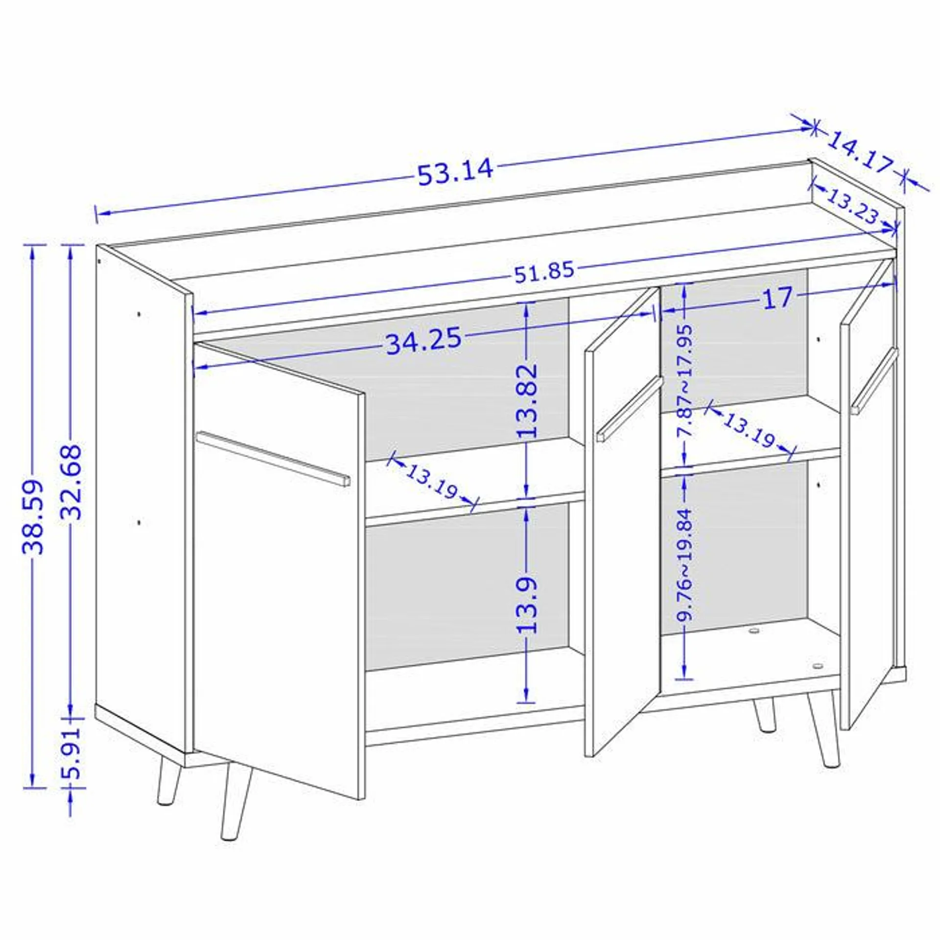 Buffet Bradley de Manhattan Comfort de 53,54 po avec 4 tablettes - blanc