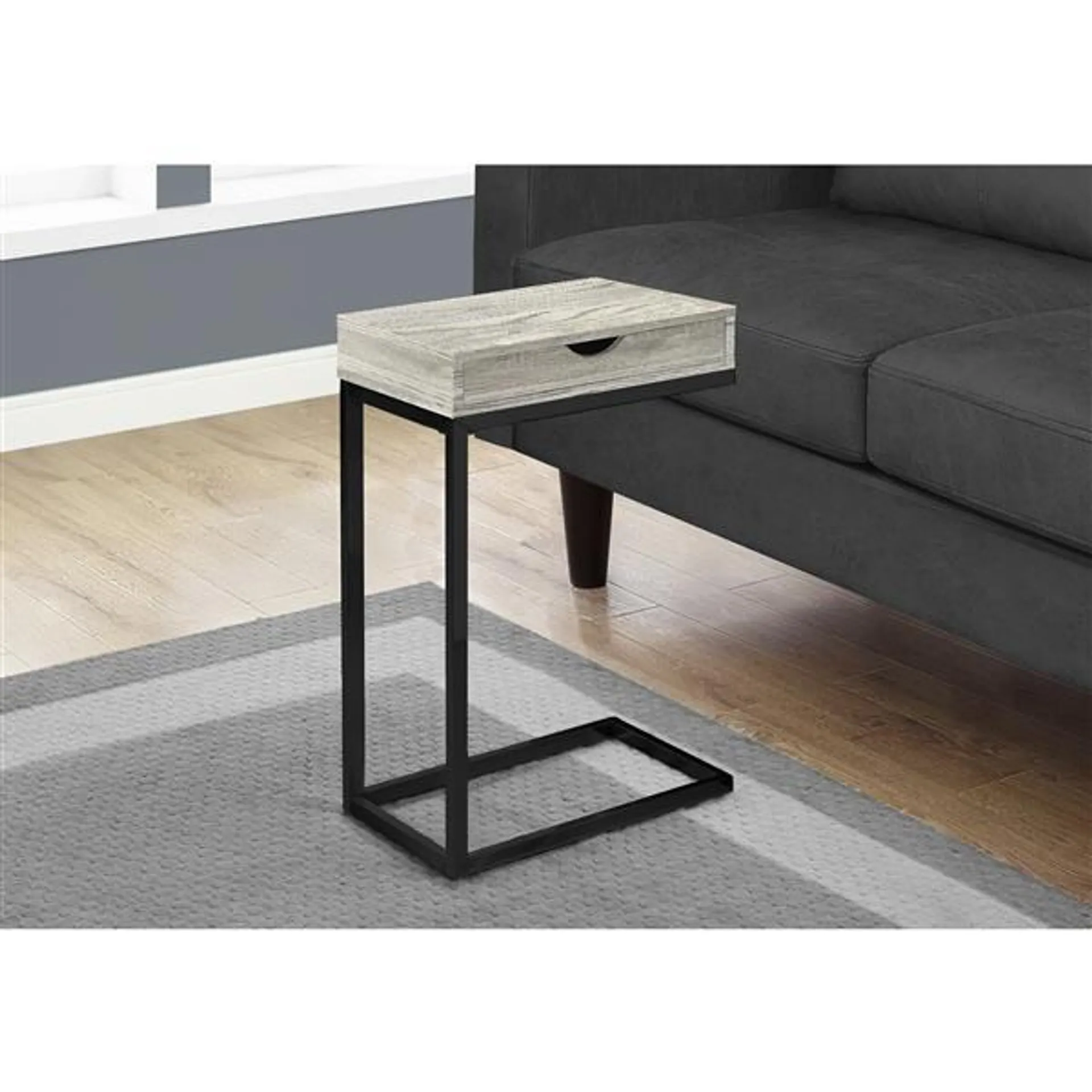 Table d'appoint avec tiroir, base noire et faux bois gris