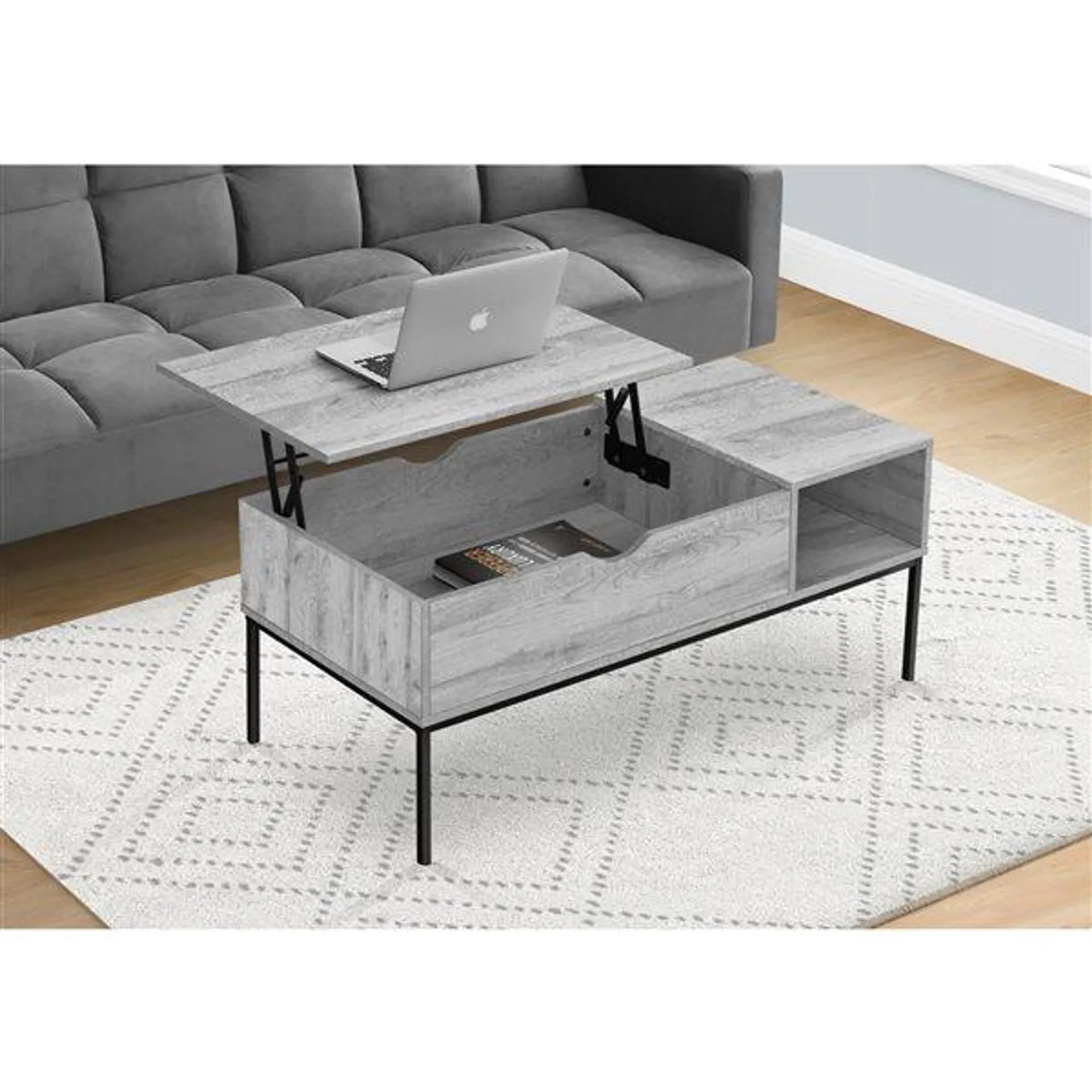 Table basse moderne 20 x 42 po à plateau relevable de Monarch Specialties en stratifié gris et métal noir