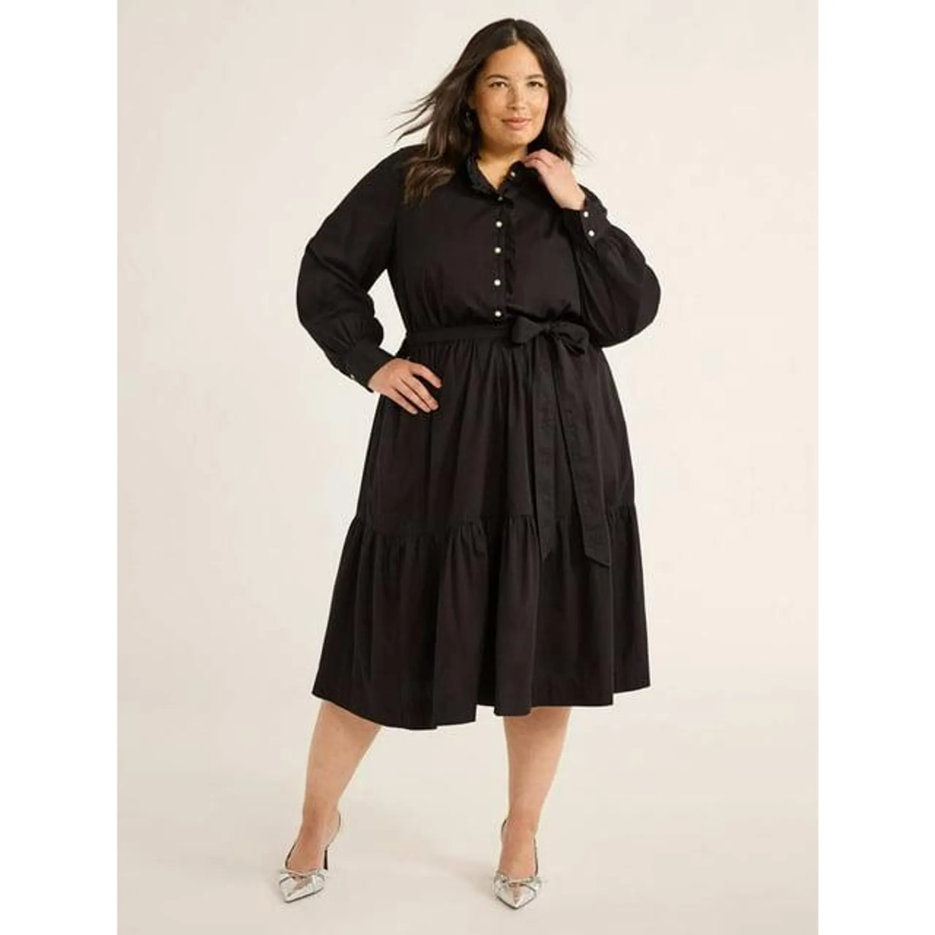 Free Assembly Women’s Cotton Ruffle Midi Dress with Long Sleeves, Sizes XS-XXXL