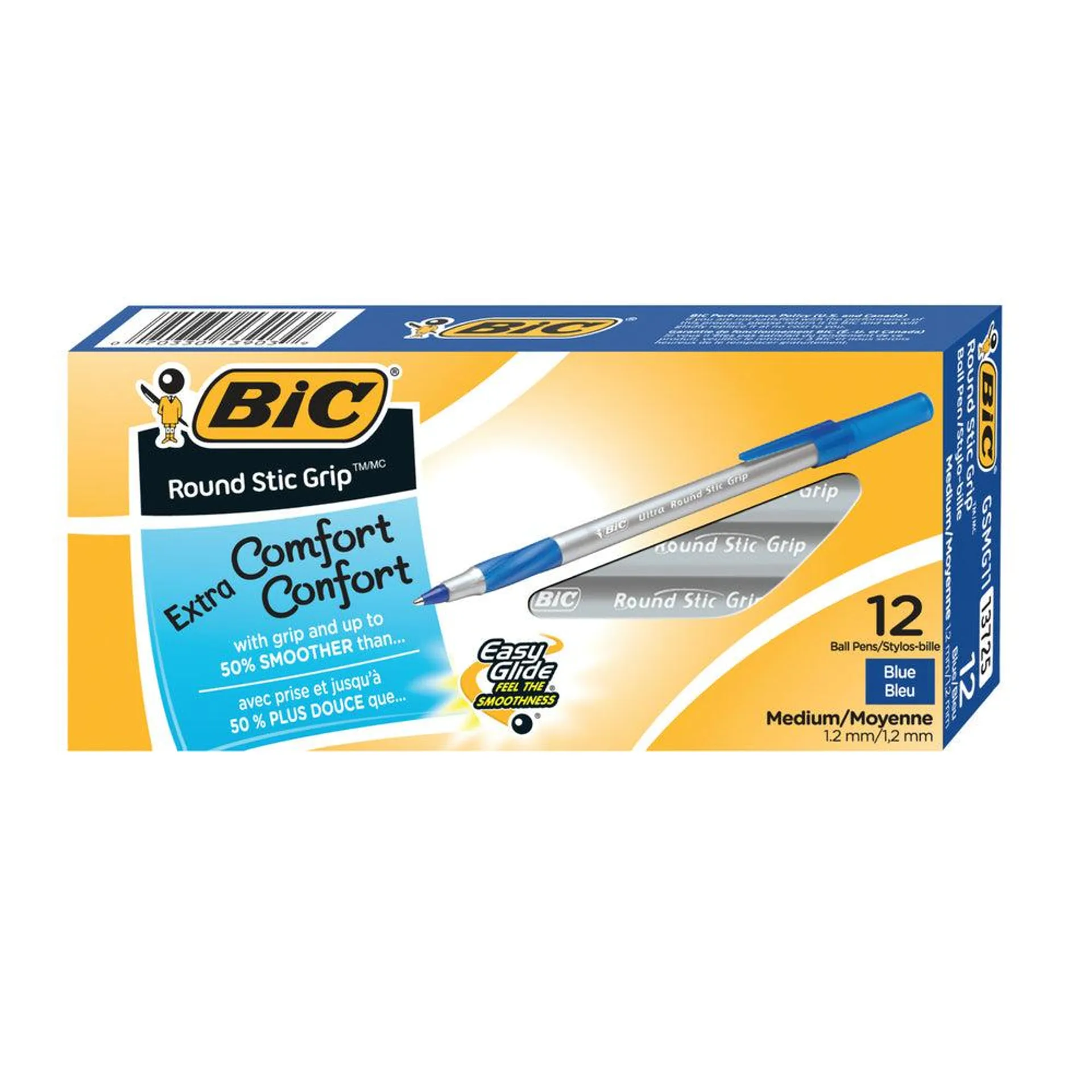 BIC - Stylos à bille Stic Grip ronds - 1,2 mm - bleu - Paquet de 12