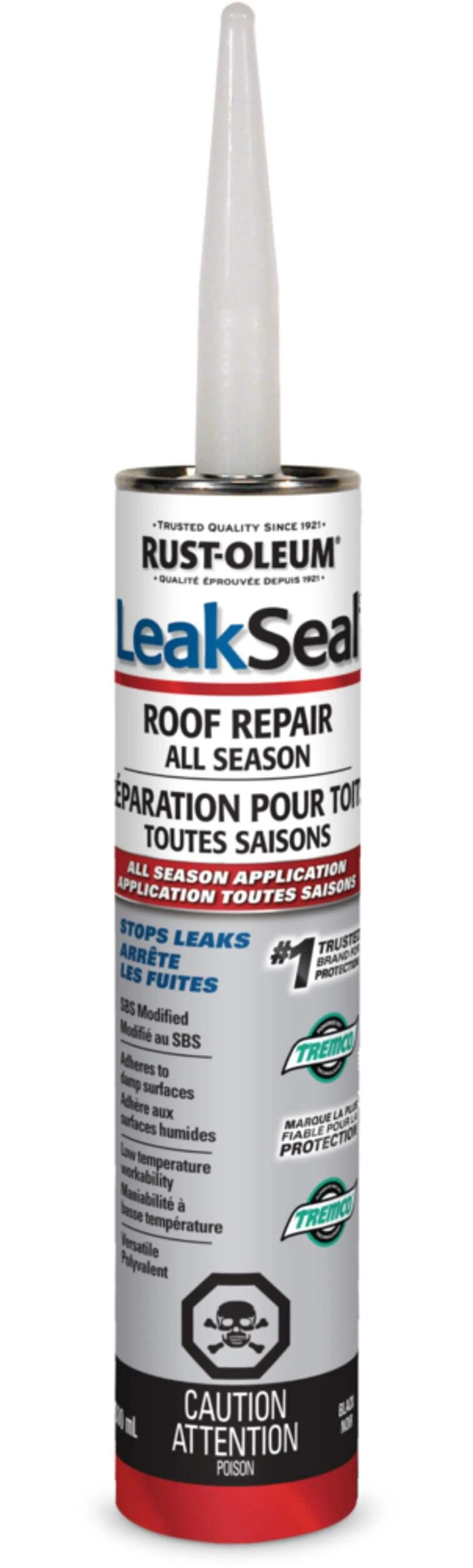 Scellant hydrofuge toute saison pour réparation de toit Rust-Oleum LeakSeal, application sèche/humide, noir, 300 mL