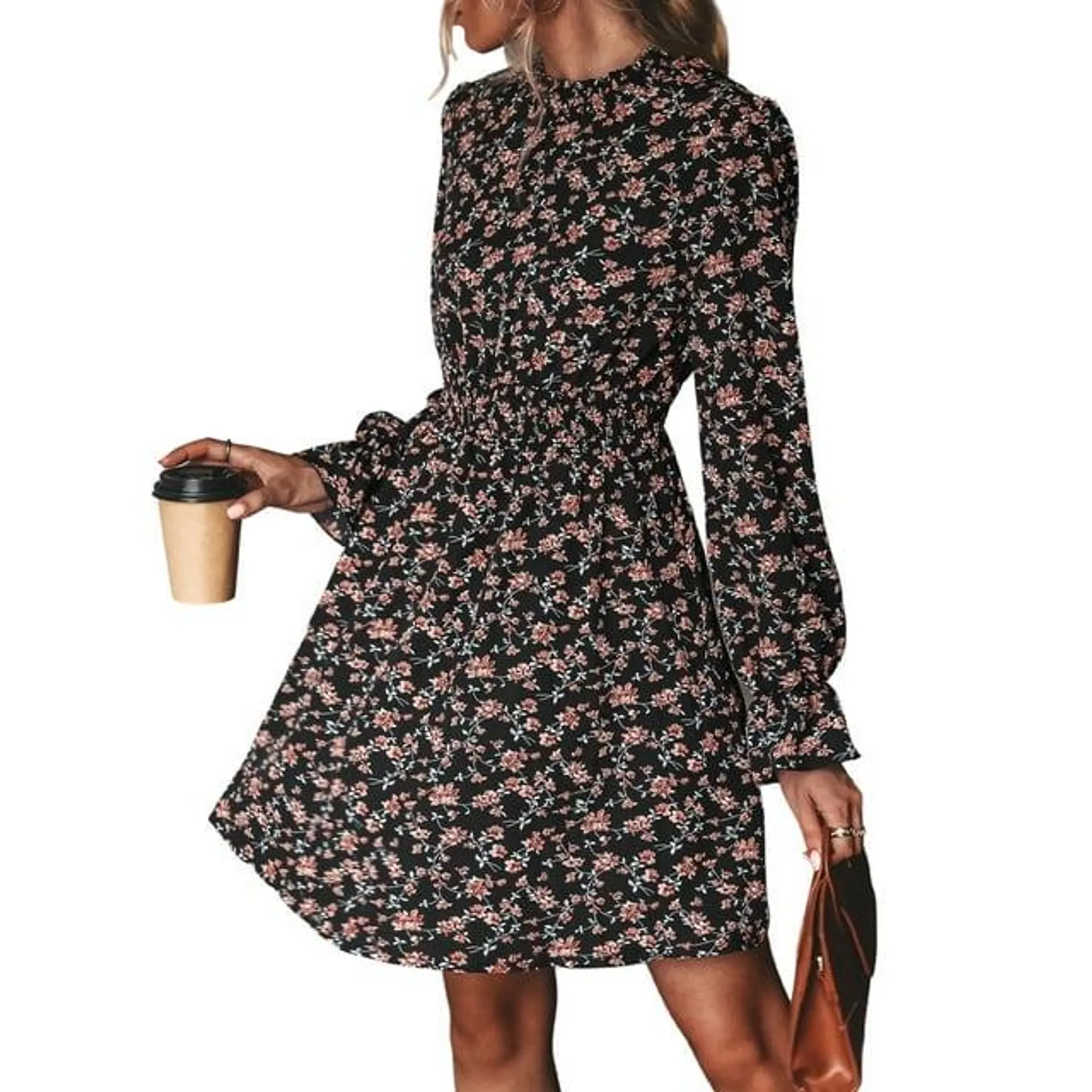 CUPSHE Women's Mock Neck Floral Mini Fall Dress Long Ruffle Sleeve Elastic Waist Smocked Casual Flowying Autumn Dresses