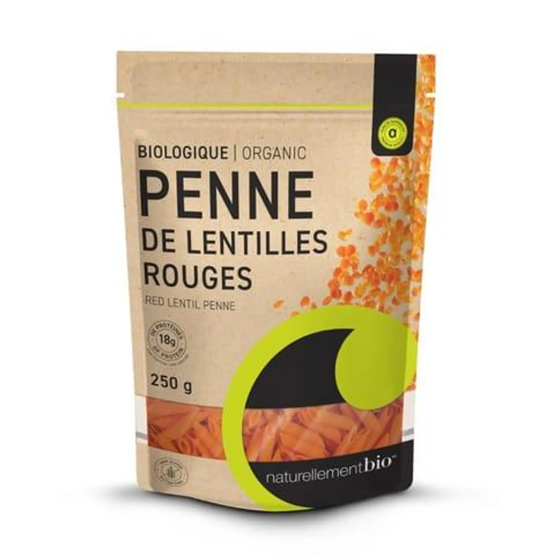 Pâtes penne de lentilles rouges biologiques