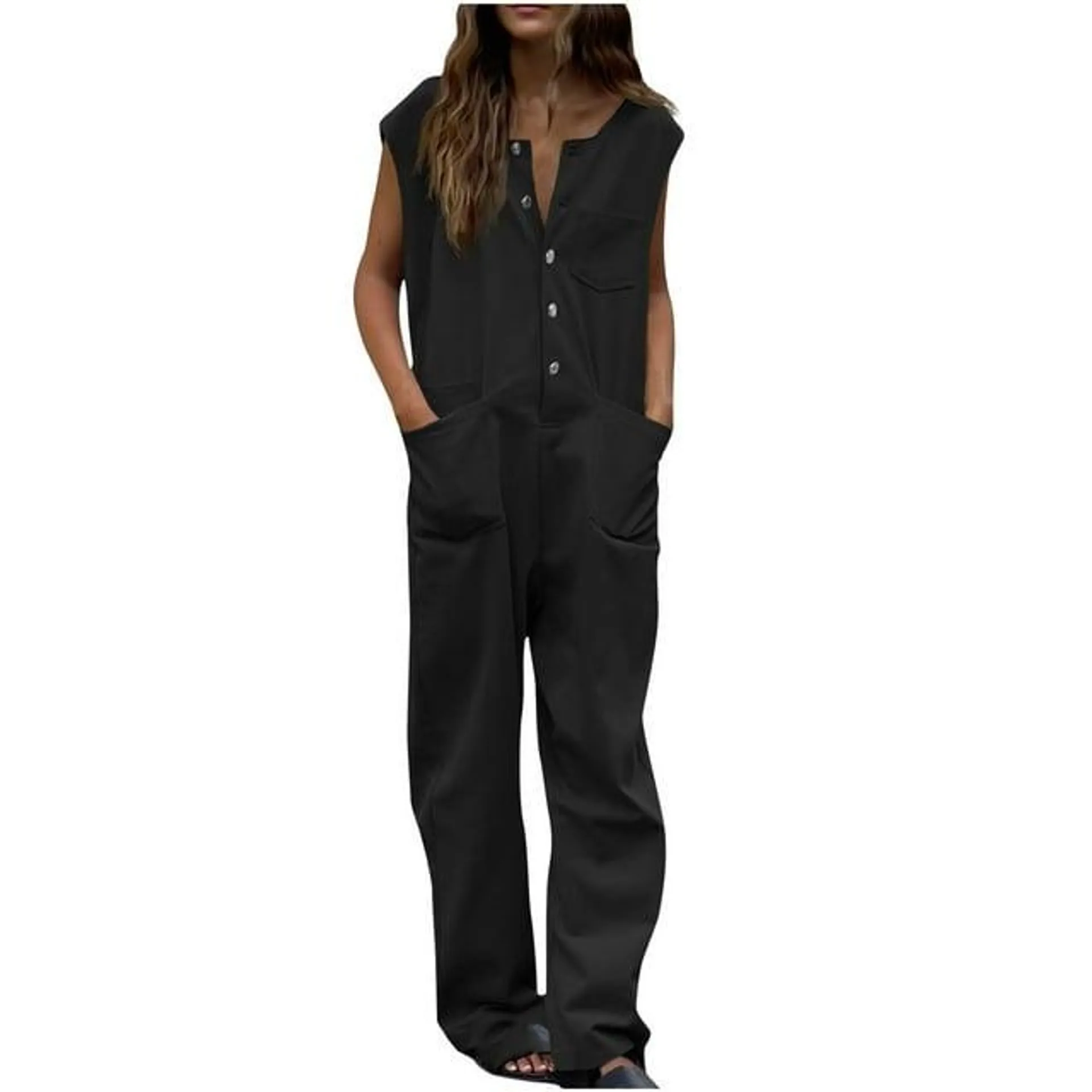 EINCcm Women's Casual Cargo Jumpsuits Loose Utility Dressy Sleeveless Button Down Work Long Pants Rompers