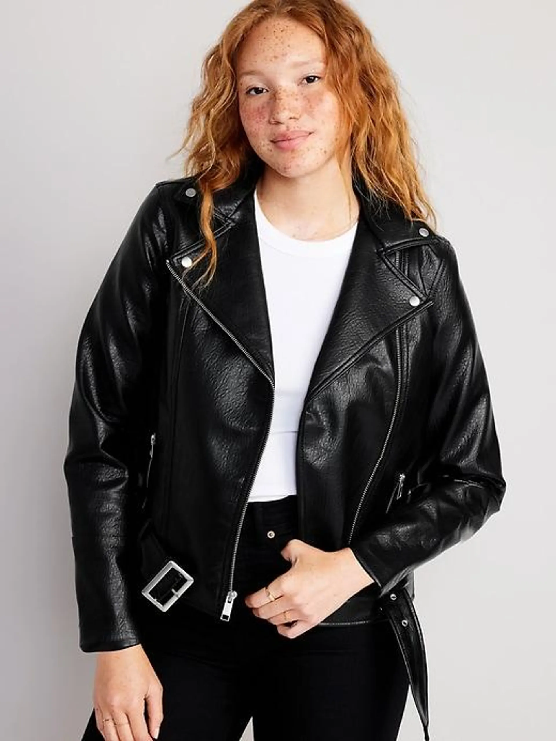 Faux-Leather Belted Biker Jacket