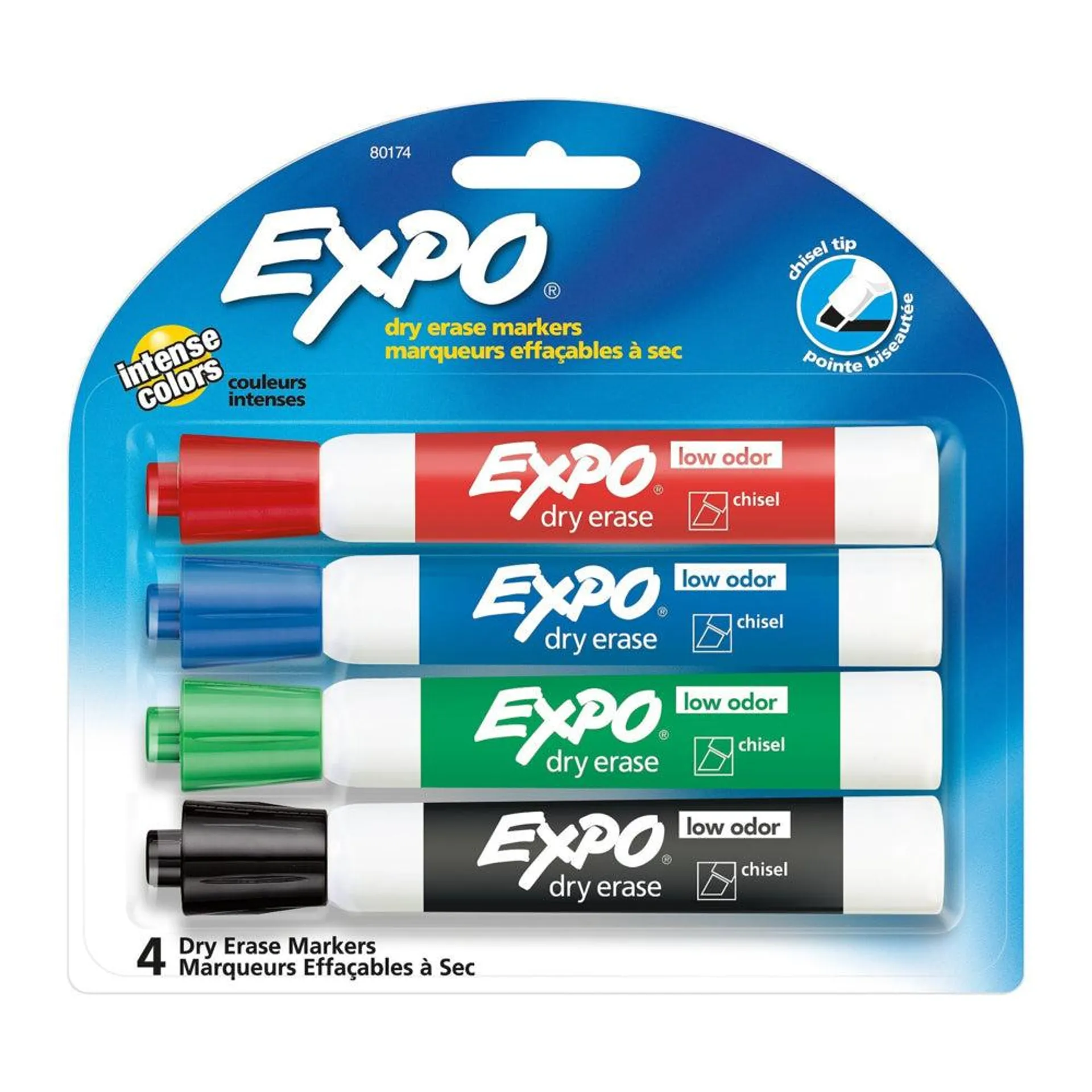 Expo® – Marqueurs à effacement sec à faible odeur, pointe biseautée, couleurs variées, paq./4