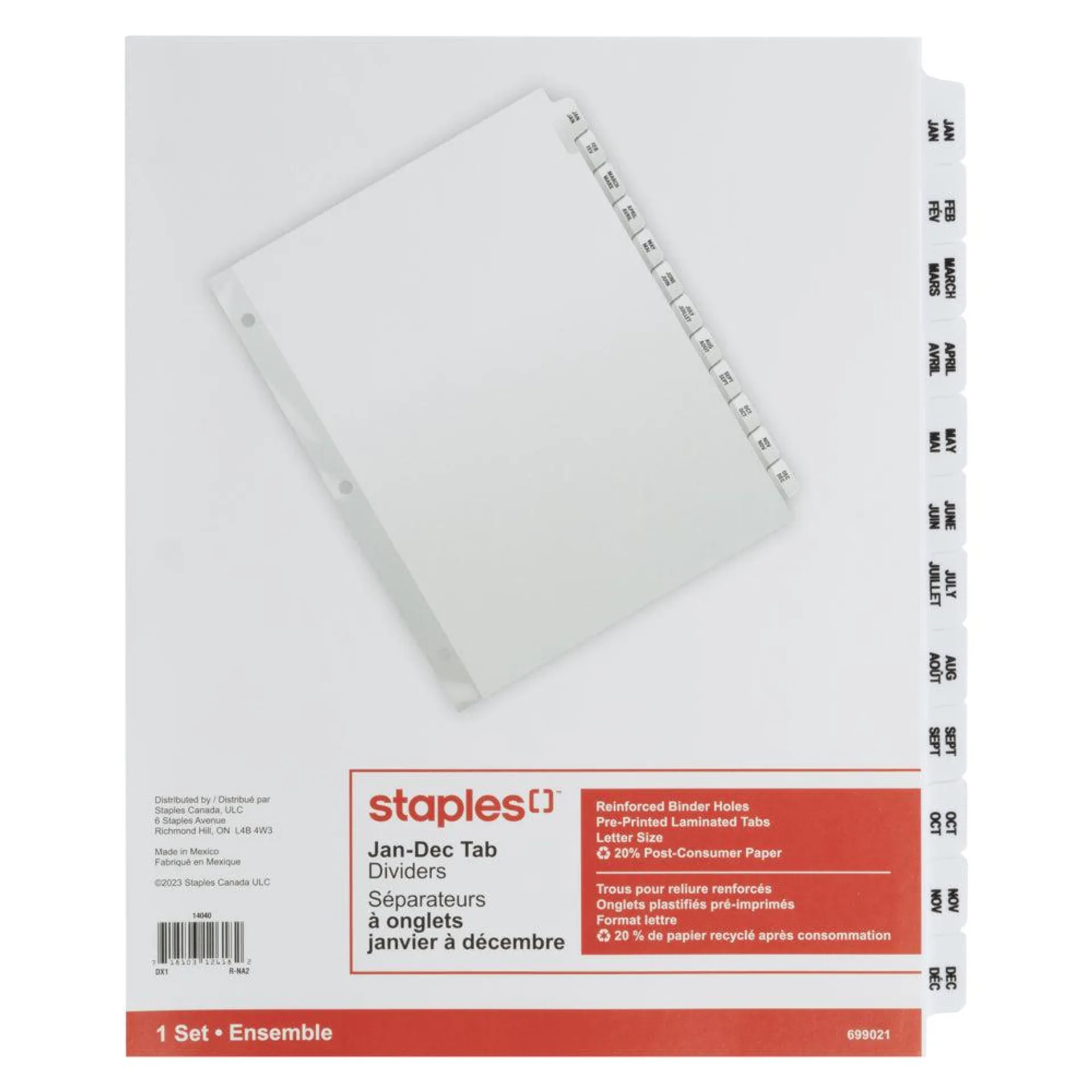 Staples - Séparateurs préimprimés Janv. - Déc., 12 onglets, blanc