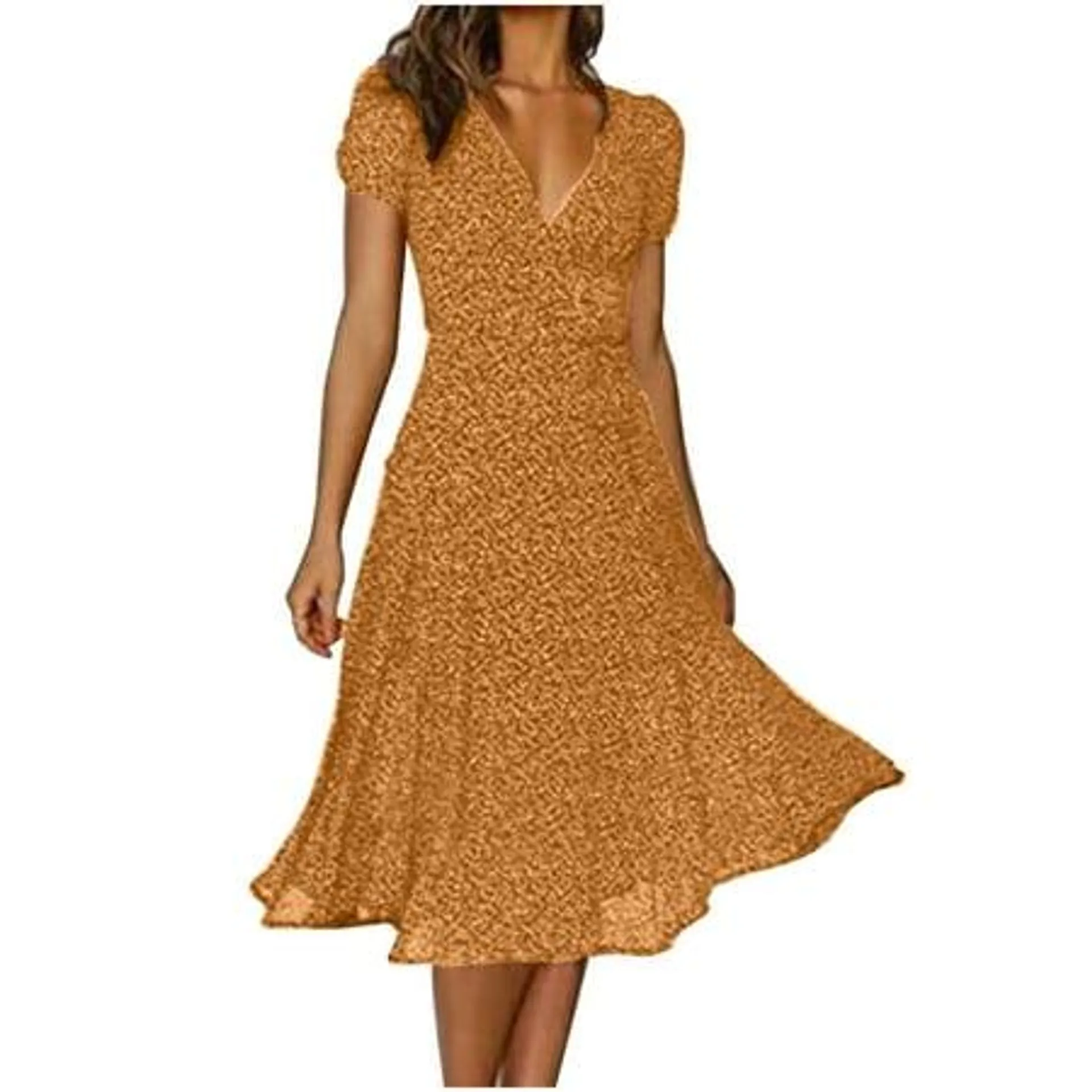 Pisexur Robe d'Été pour Femmes Manches Courtes à Volants Imprimé Floral Sexy Col en V Profond Taille Haute Courte Fluide Maxi Dress Robes Décontractées de Vacances Robe d'Été