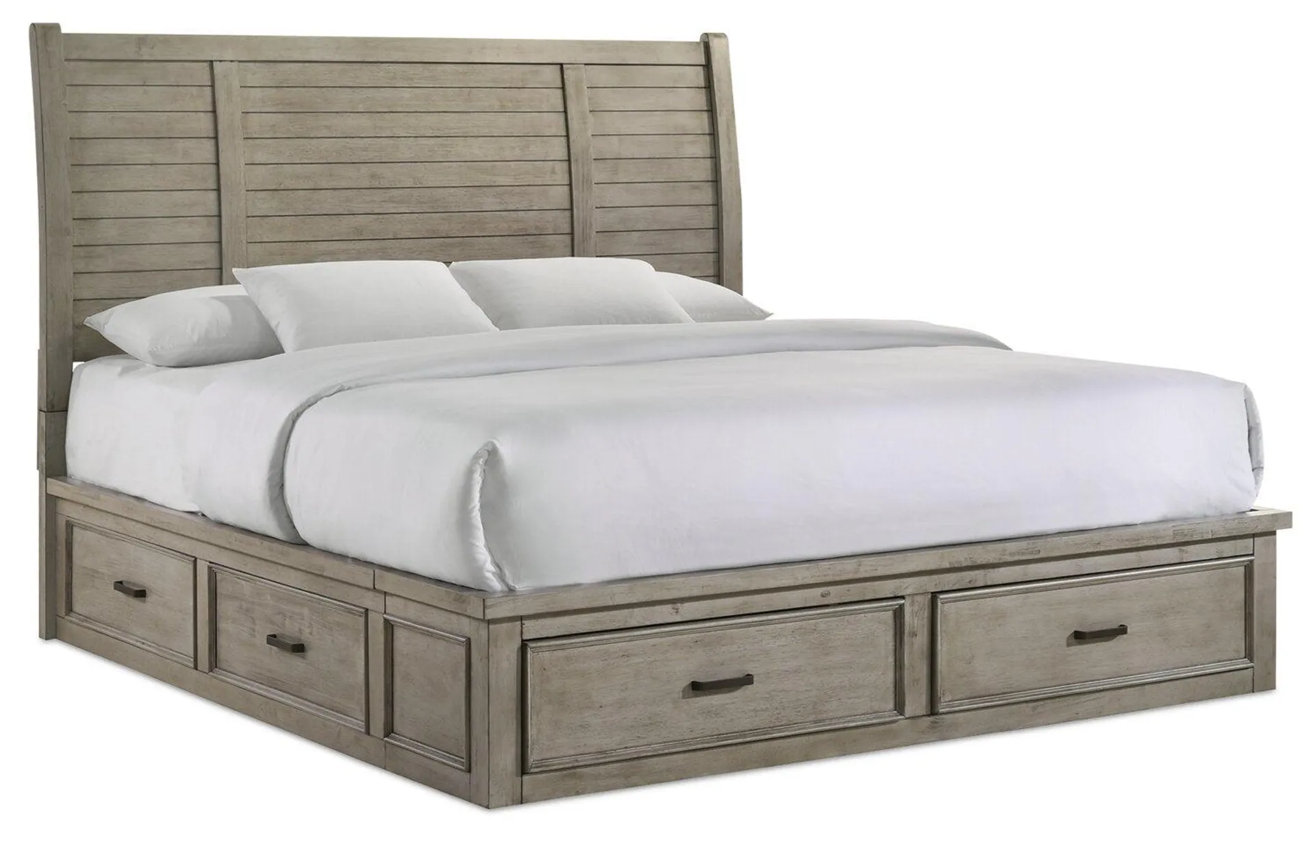 Lit plateforme de rangement Levi en bois avec tête de lit et cadre de lit, gris bois de grève - format très grand lit