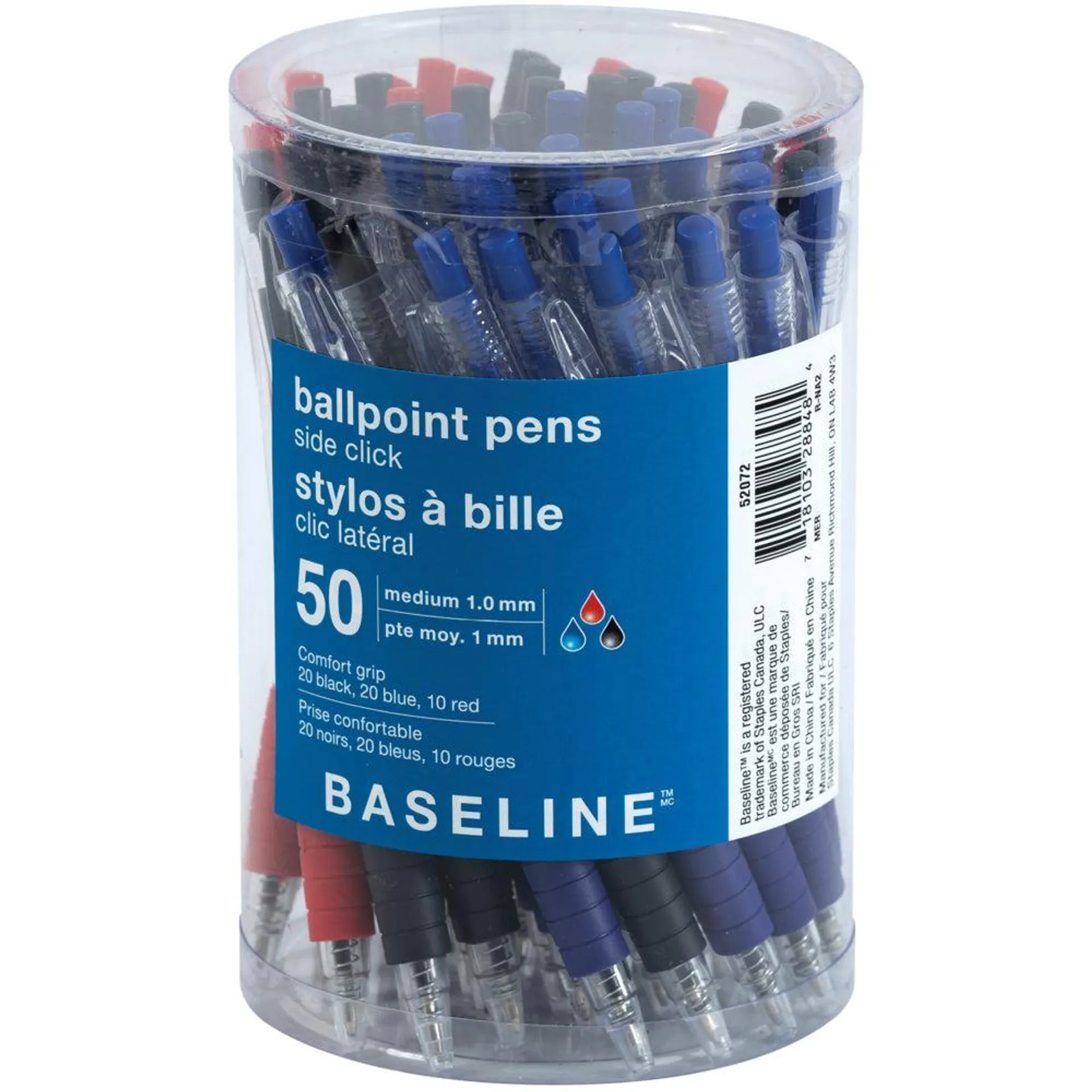 Baseline - Stylos à bille avec clic latéral et prise confortable - Assorti - Paquet de 50