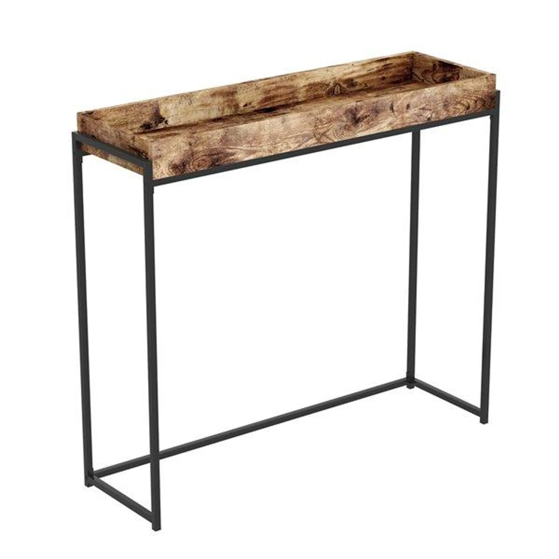 Table console Safdie & Co., plateau creux, 35,5 po x 39,5 po, bois brun récupéré et métal noir