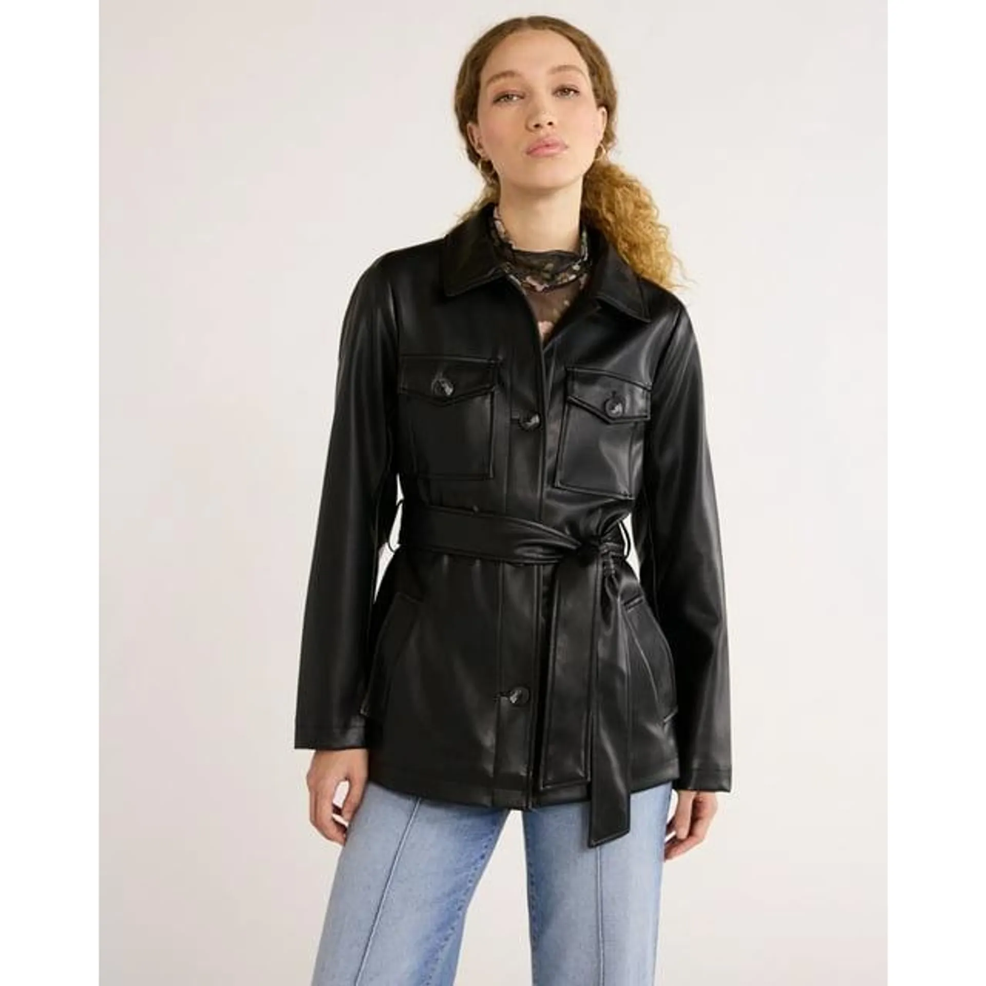 Time and Tru Women's and Women's Plus Faux Leather Cropped Belted Trench, Sizes XS-3X