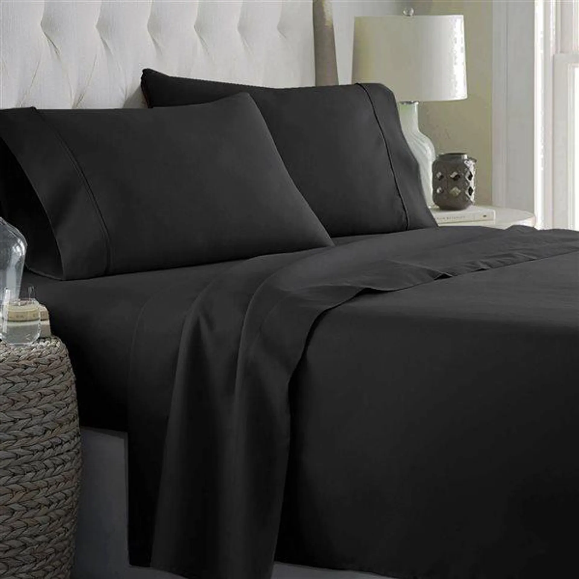 Ensemble de draps 4 pièces pour grand lit Marina Decoration en mélange de coton, noir