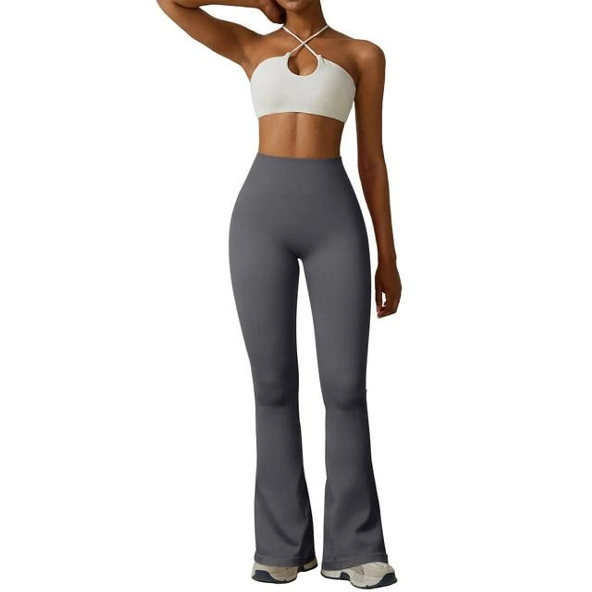 OQQ Women's one Piece Yoga Pants Ribbed Seamless Workout High Waist Bell Bottoms Flare Leggings