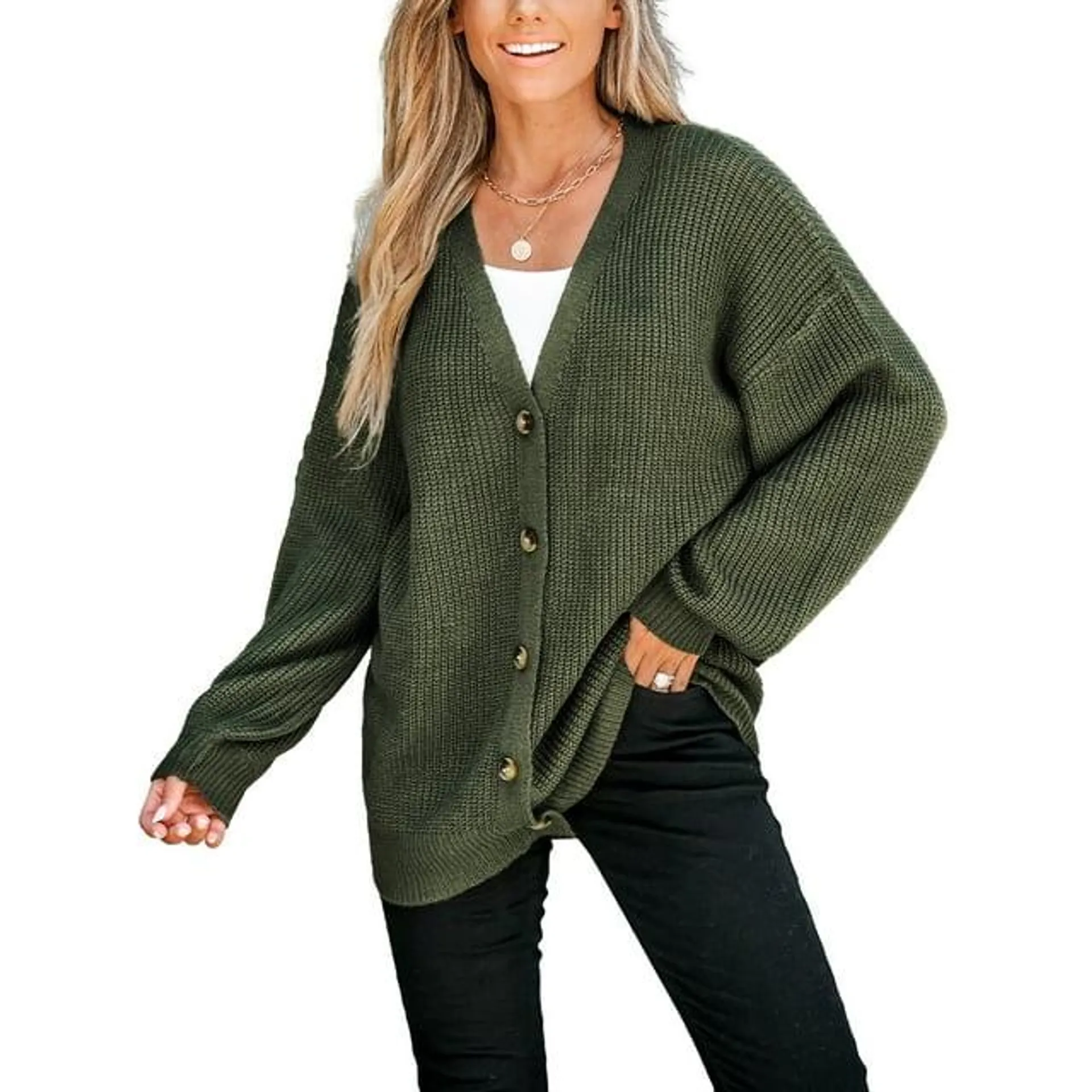 CUPSHE Women's Forest Green V-Neck Buttoned Cardigan