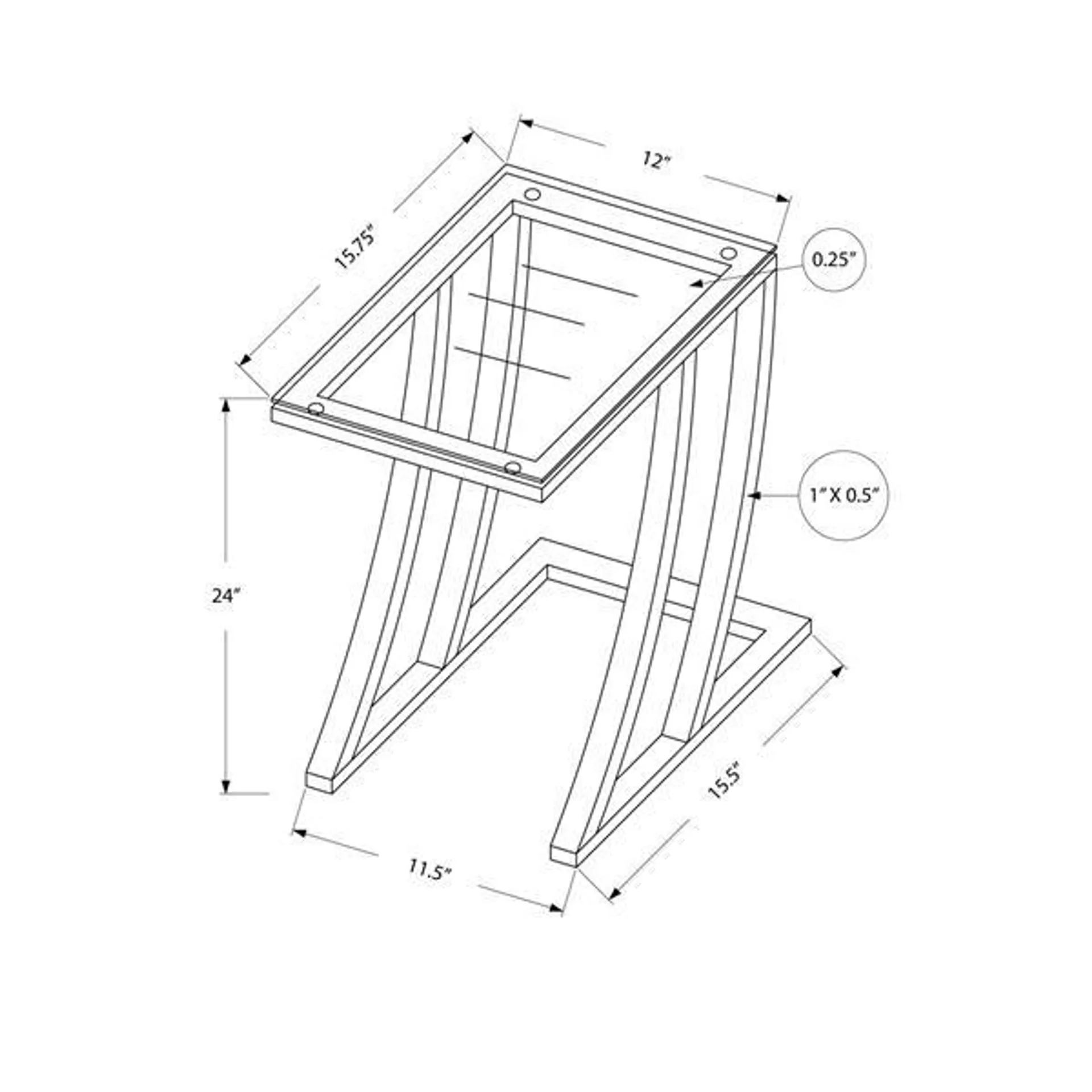 Table d'appoint, 15,75 po x 24 po, verre, argent