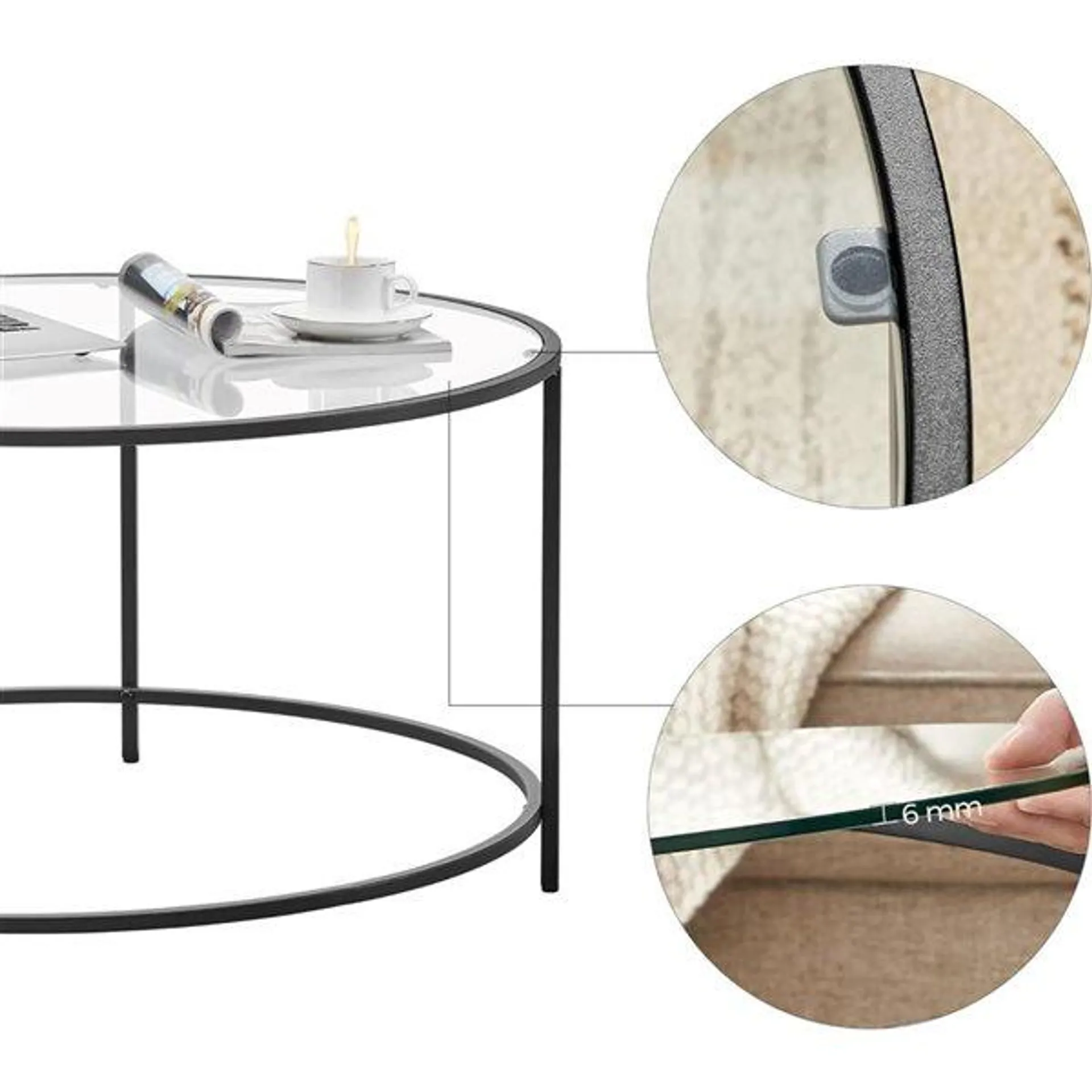 Table basse ronde contemporaine 33 po à 2 niveaux de Boutique Home cadre en métal noir et verre trempé