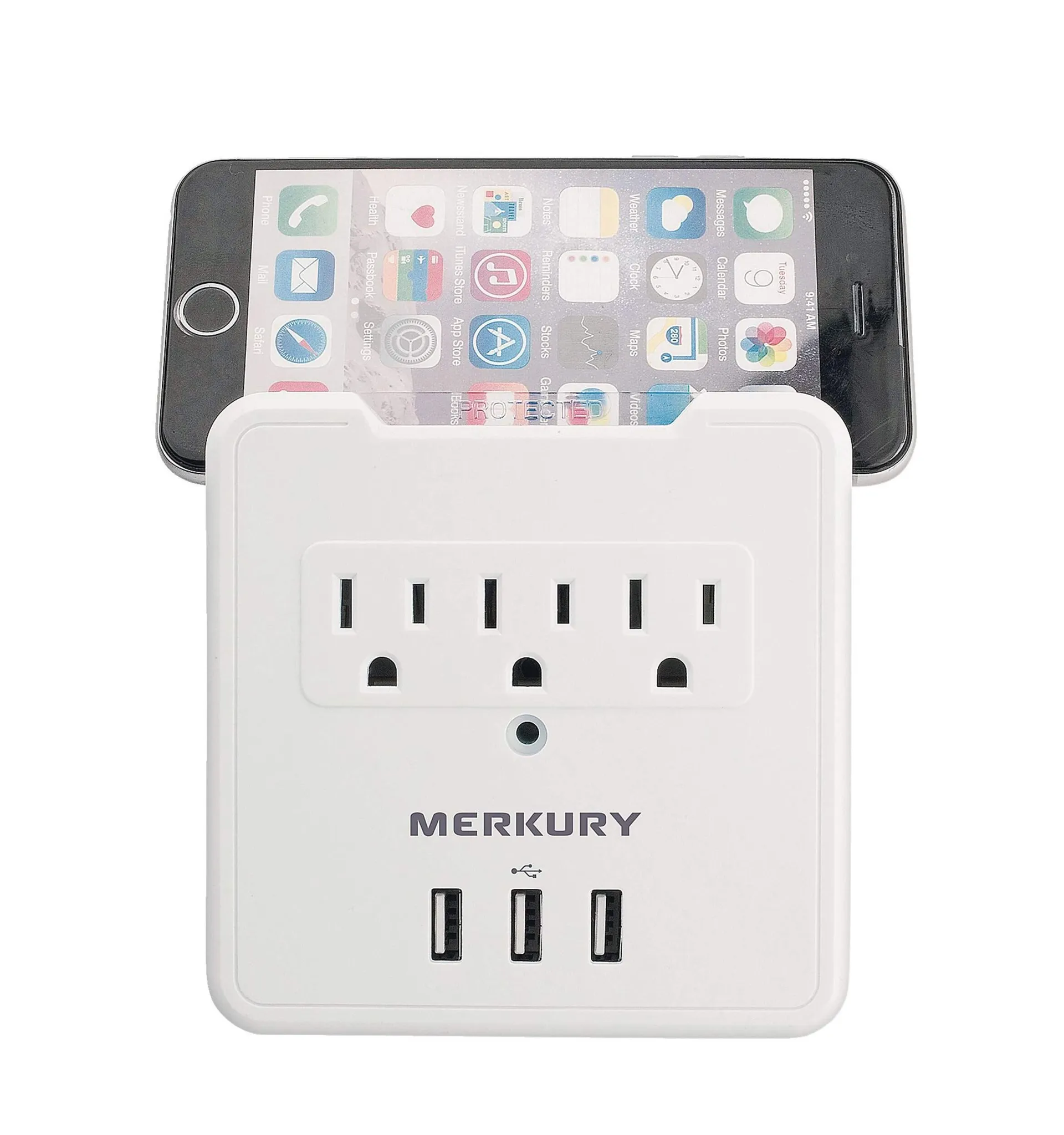 Adaptateur mural Merkury à 3 prises et 3 ports USB avec limiteur de surtension, 300 joules, support pour téléphone, blanc