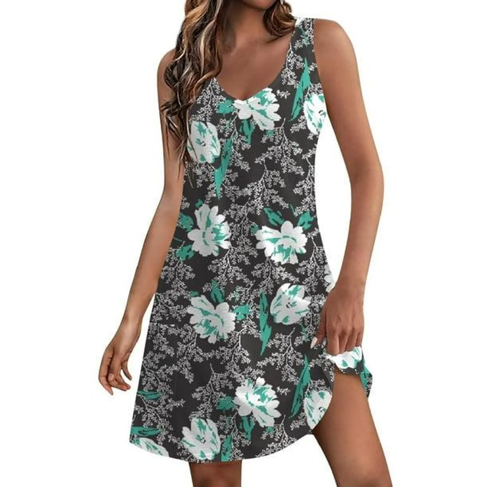 Pisexur Robes d'Été pour Femmes Plage Décontractée Sans Manches Midi Robe Imprimé Floral Débardeur Ample avec Poche S-2TG