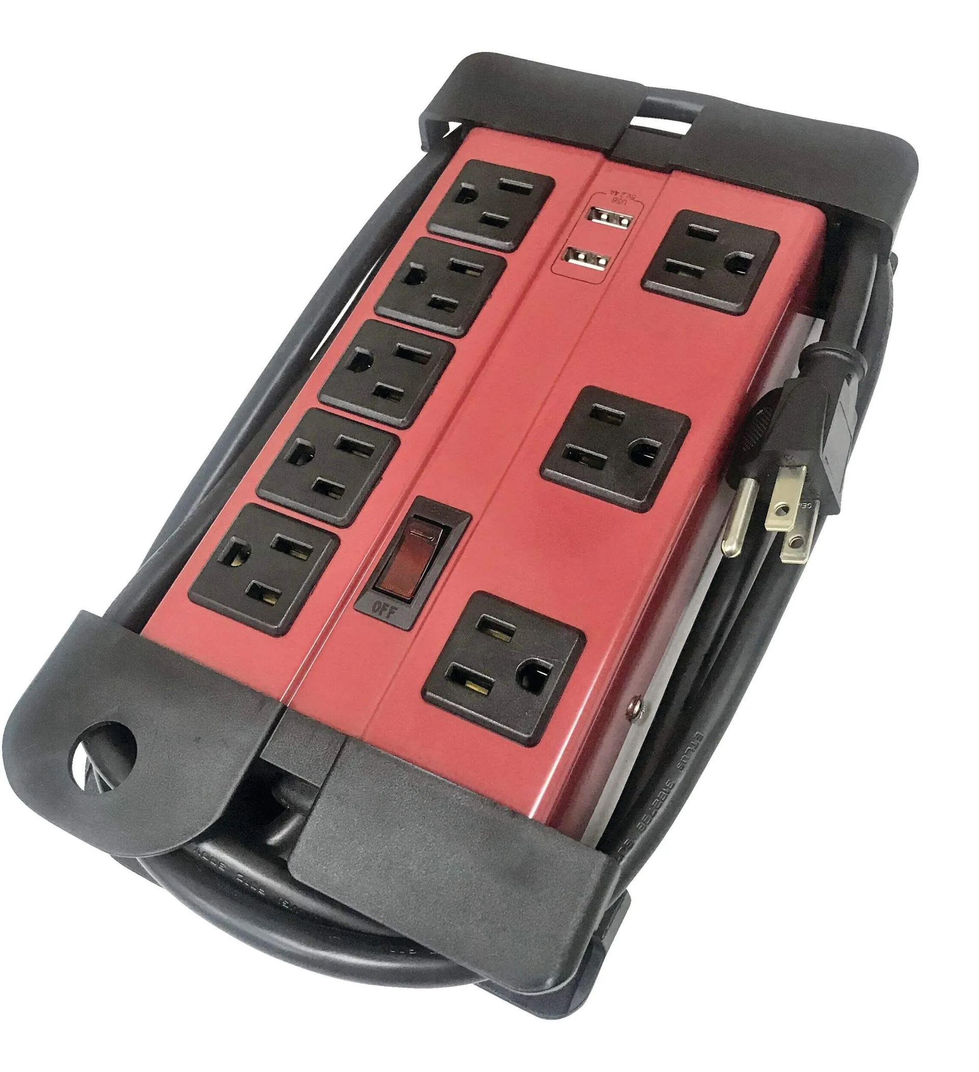 Barre d’alimentation Ritecord à 8 prises et 2 ports USB avec cordon de 6 pi, disjoncteur, rouge/noir