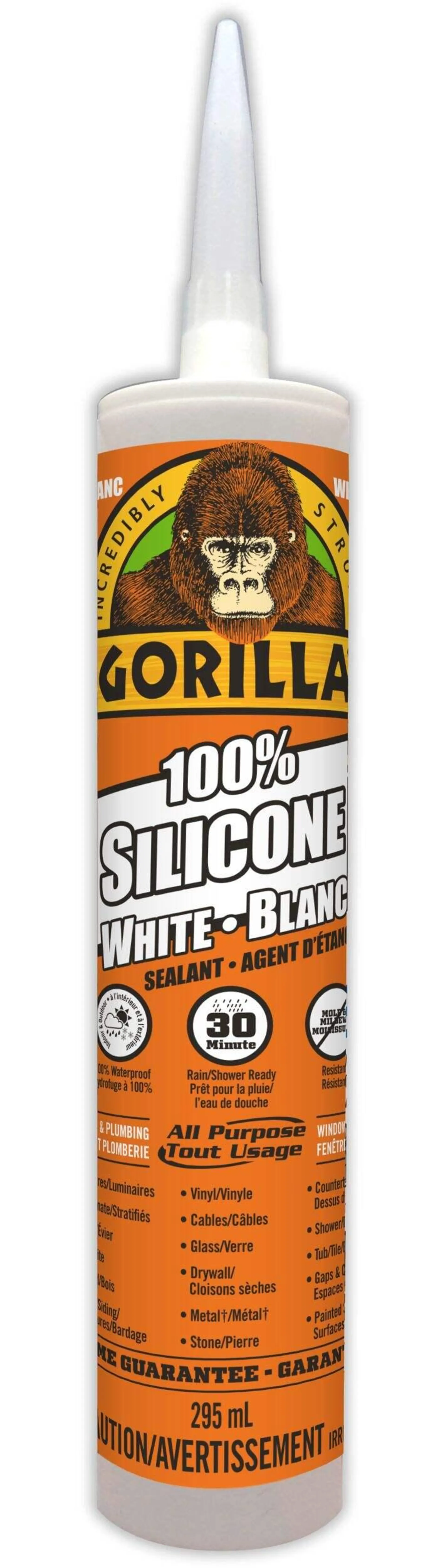 Scellant à base de silicone tout usage Gorilla, intérieur/extérieur, résistant aux fissures et à l'eau, blanc, 295 mL