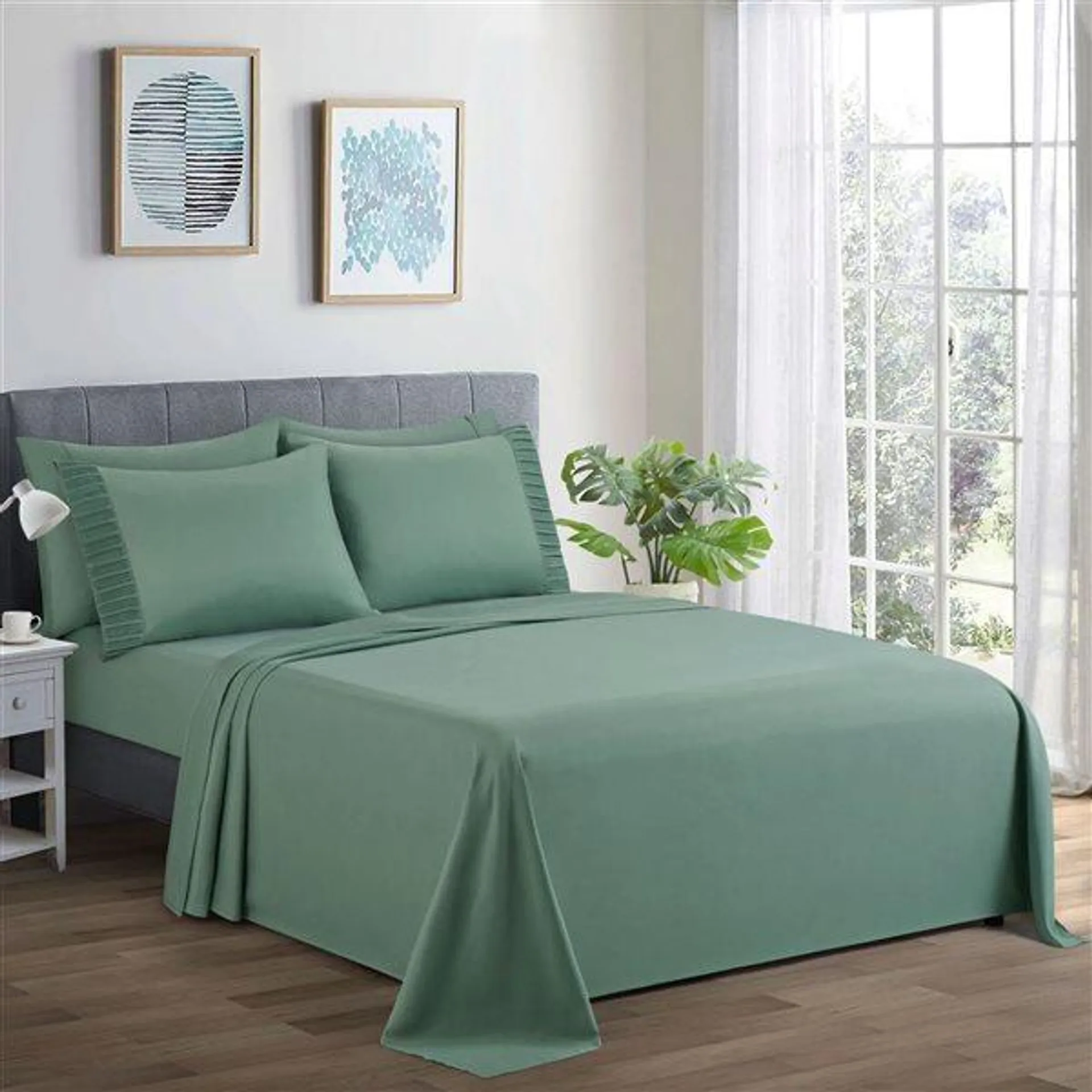Ensemble de draps 6 pièces pour grand lit Marina Decoration bambou/polyester vert uni