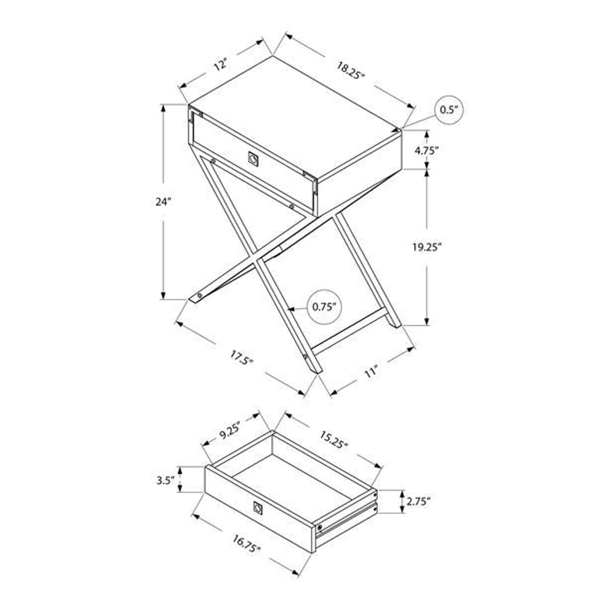 Table d'appoint, 12 po x 24 po, composite, taupe foncé