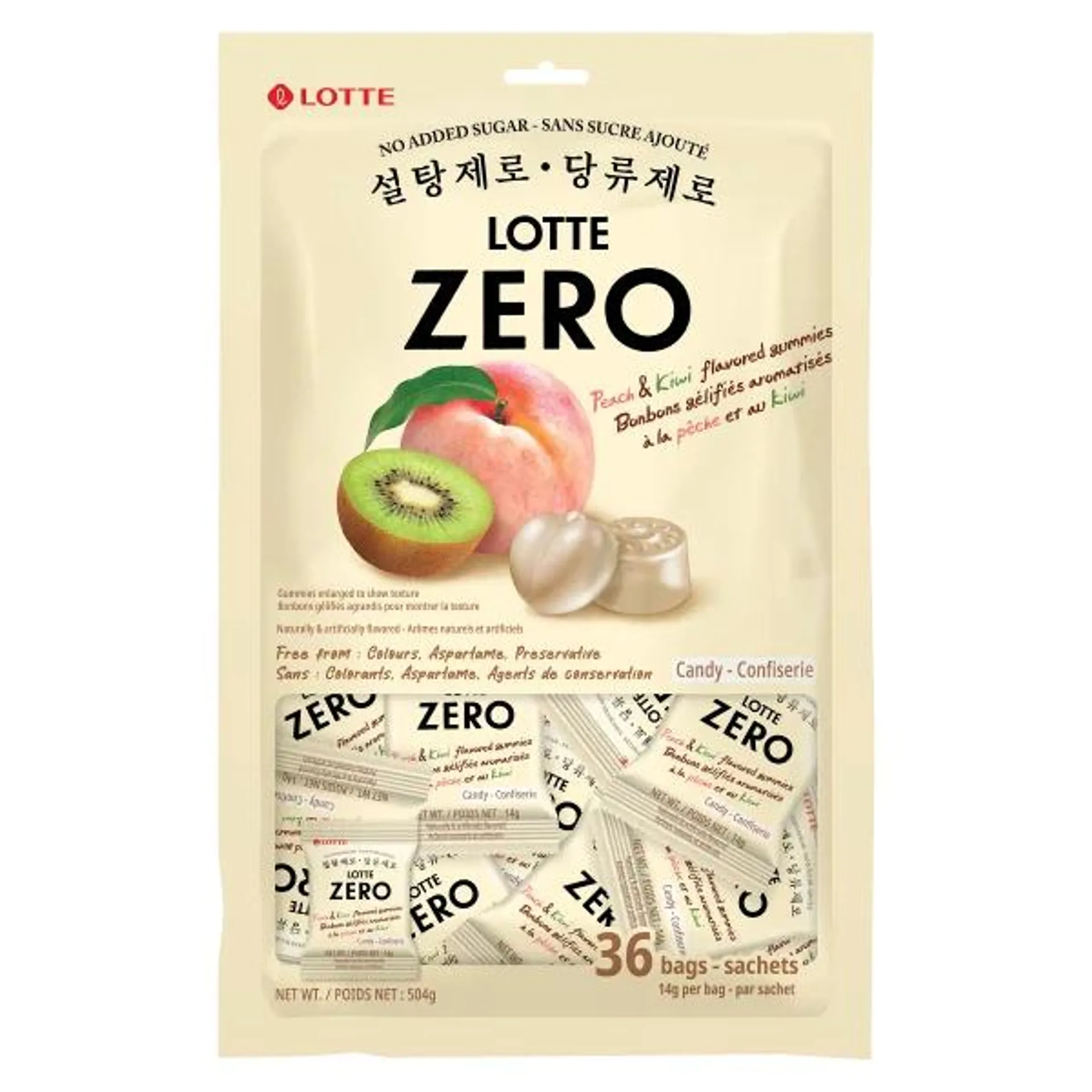 Lotte Zero Peach & Kiwi Flavoured Gummies, 36 × 14 g