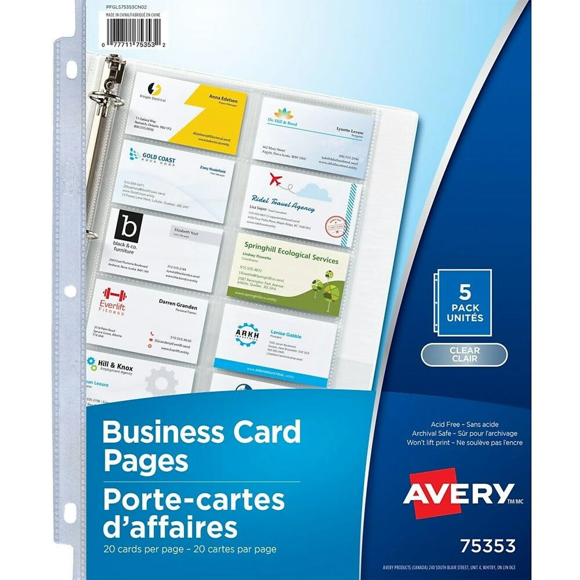 Avery® 75353 Porte-carte d'affaires. sans onglets, transparents, 5/paquet