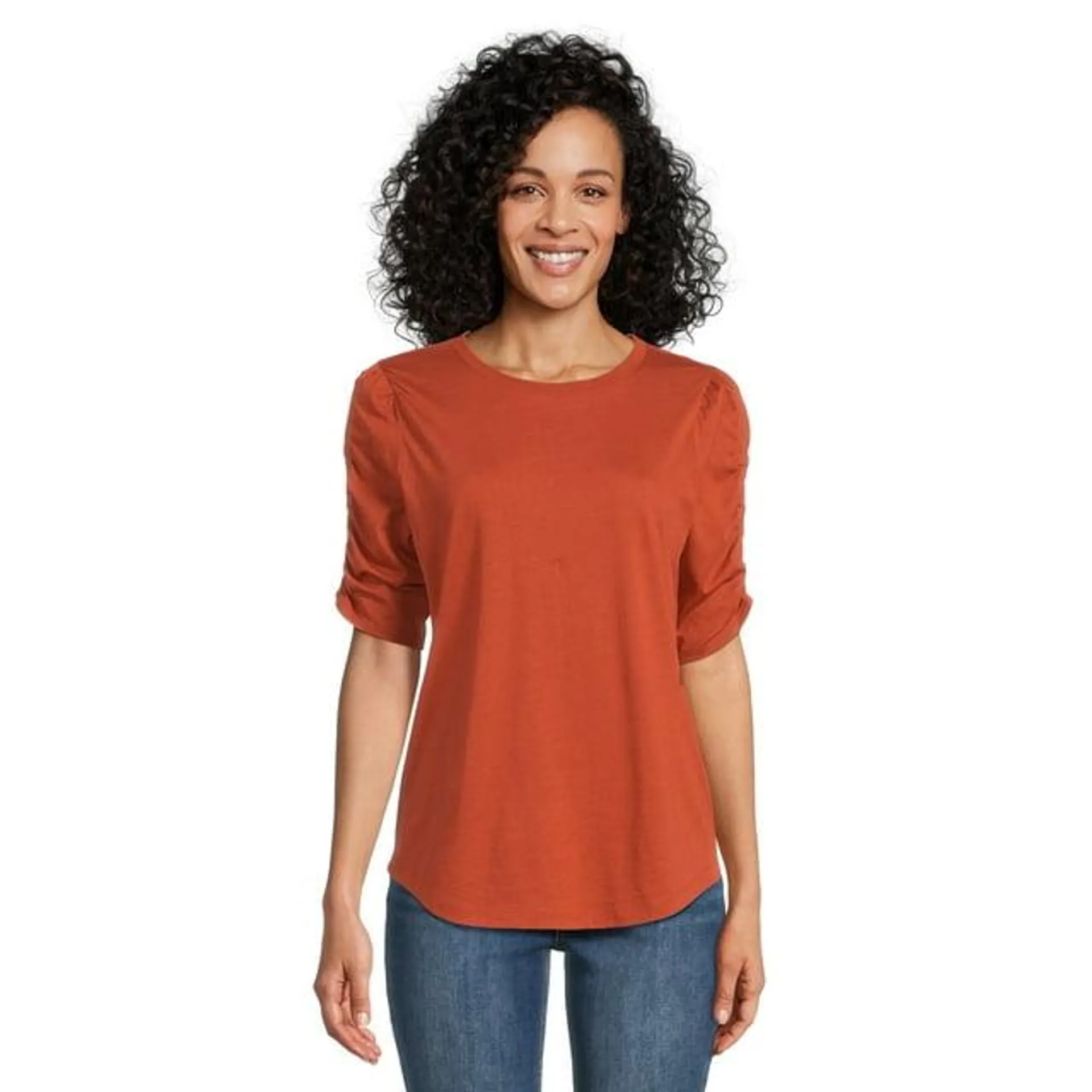 Time and Tru Women's Top with Short Ruched Sleeves, Sizes S-XXXL