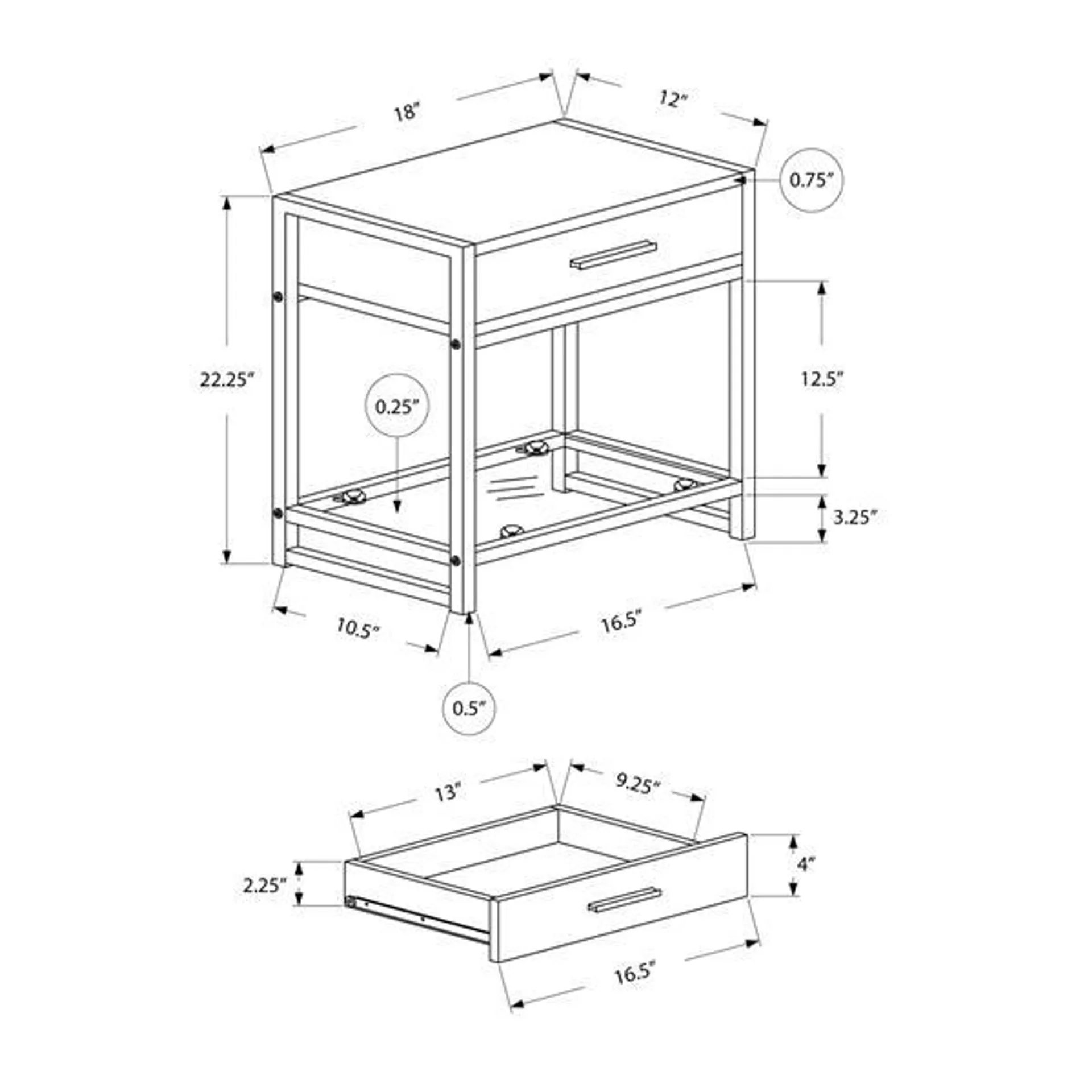 Table d'appoint, 22,25 po, composite, gris